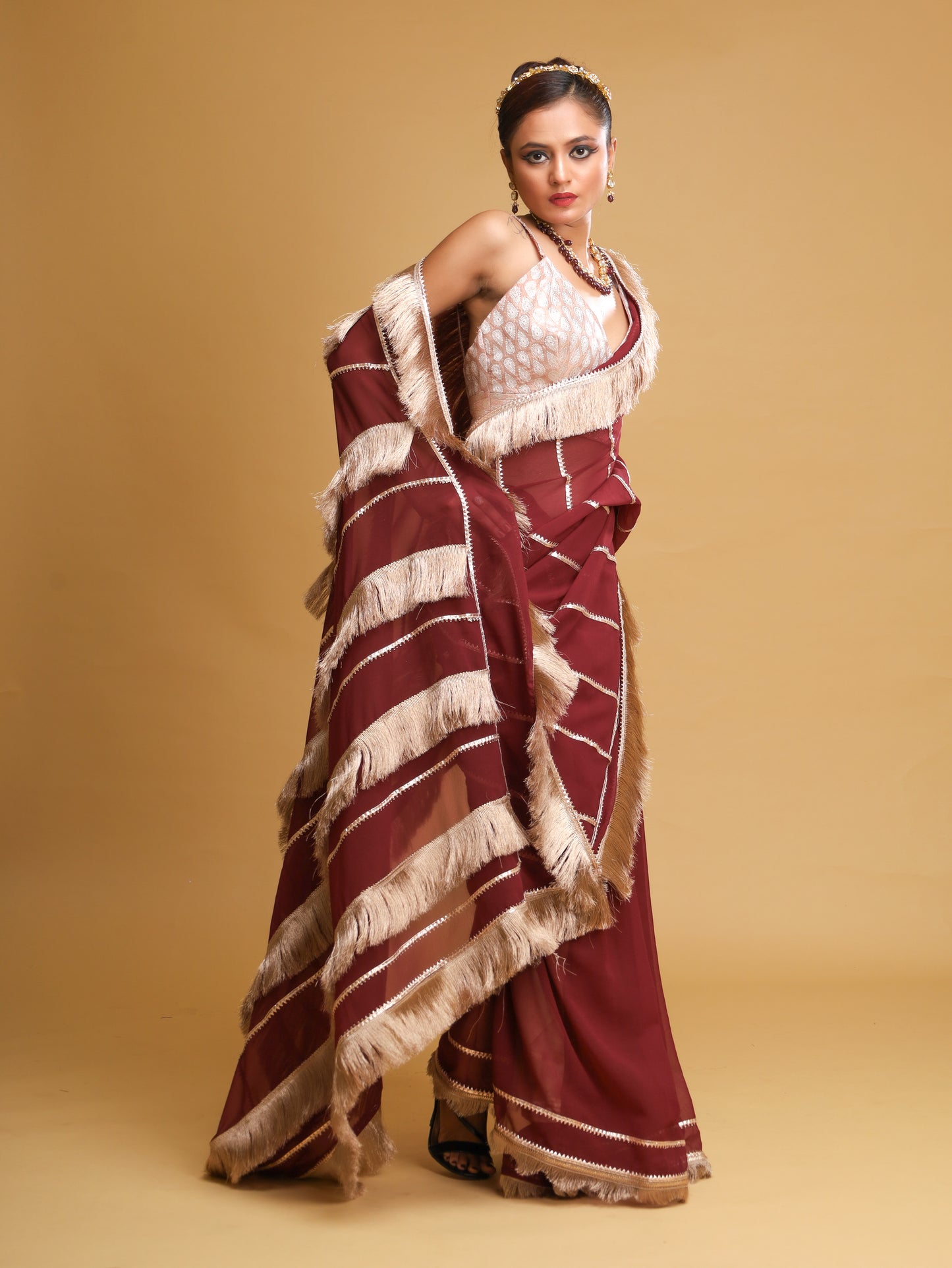 RANI's MAROON SAREE WITH METALLIC FRINGES