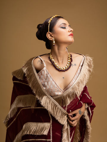 RANI's MAROON SAREE WITH METALLIC FRINGES , CORSET & PETICOTE