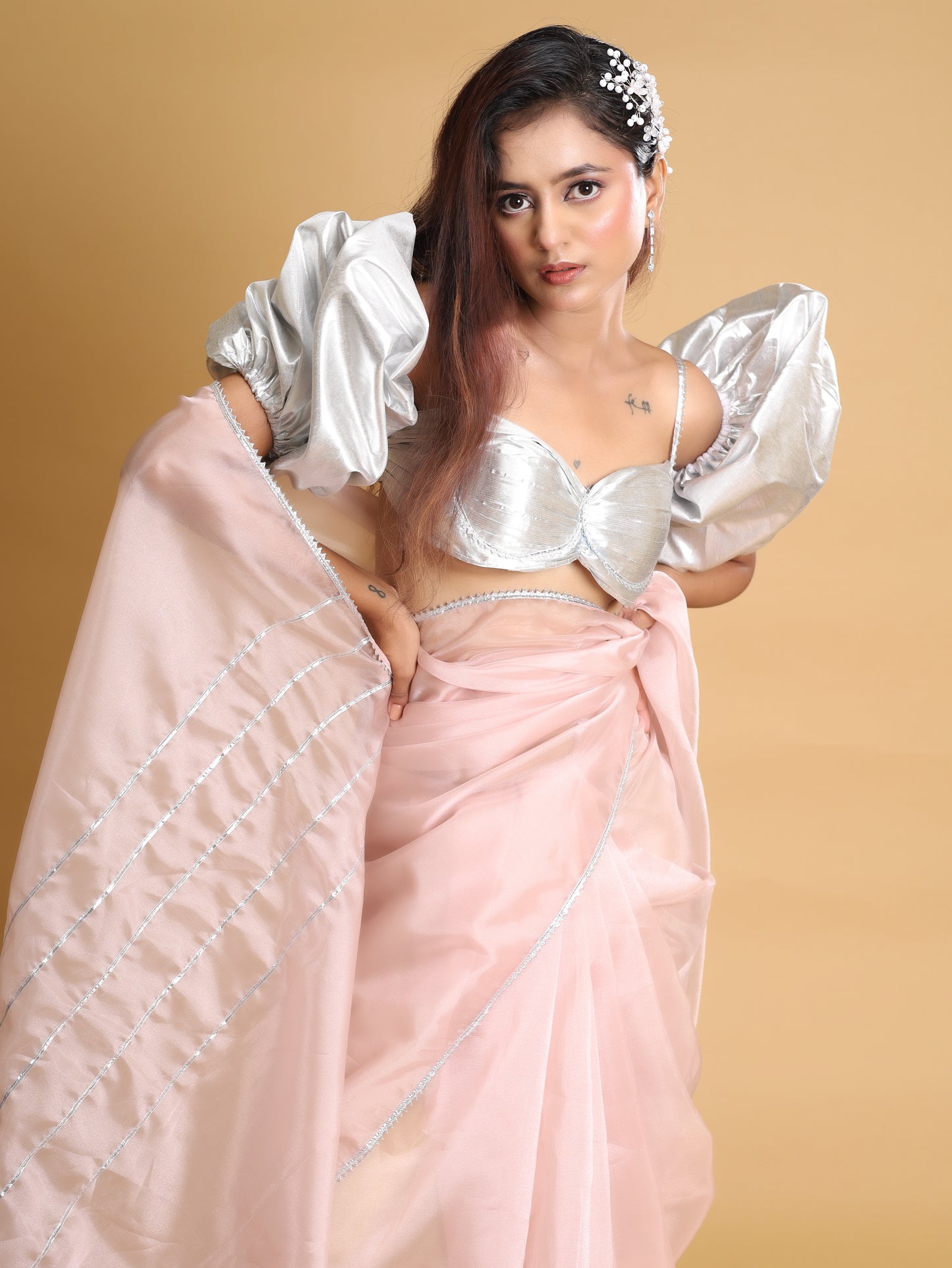 RANI's BLUSH PINK SAREE WITH SILVER CORSET & PETICOTE