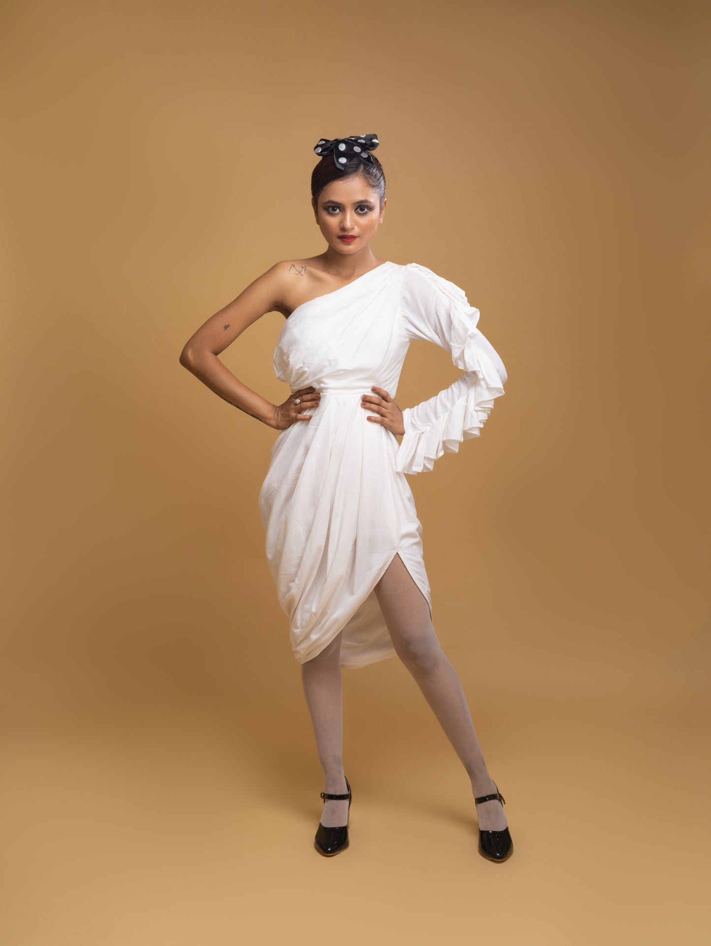 IVORY ONE SHOULDER OVERLAP DRESS
