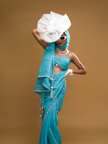 RANI's AQUA SILVER SAREE WITH CORSET & PETICOTE