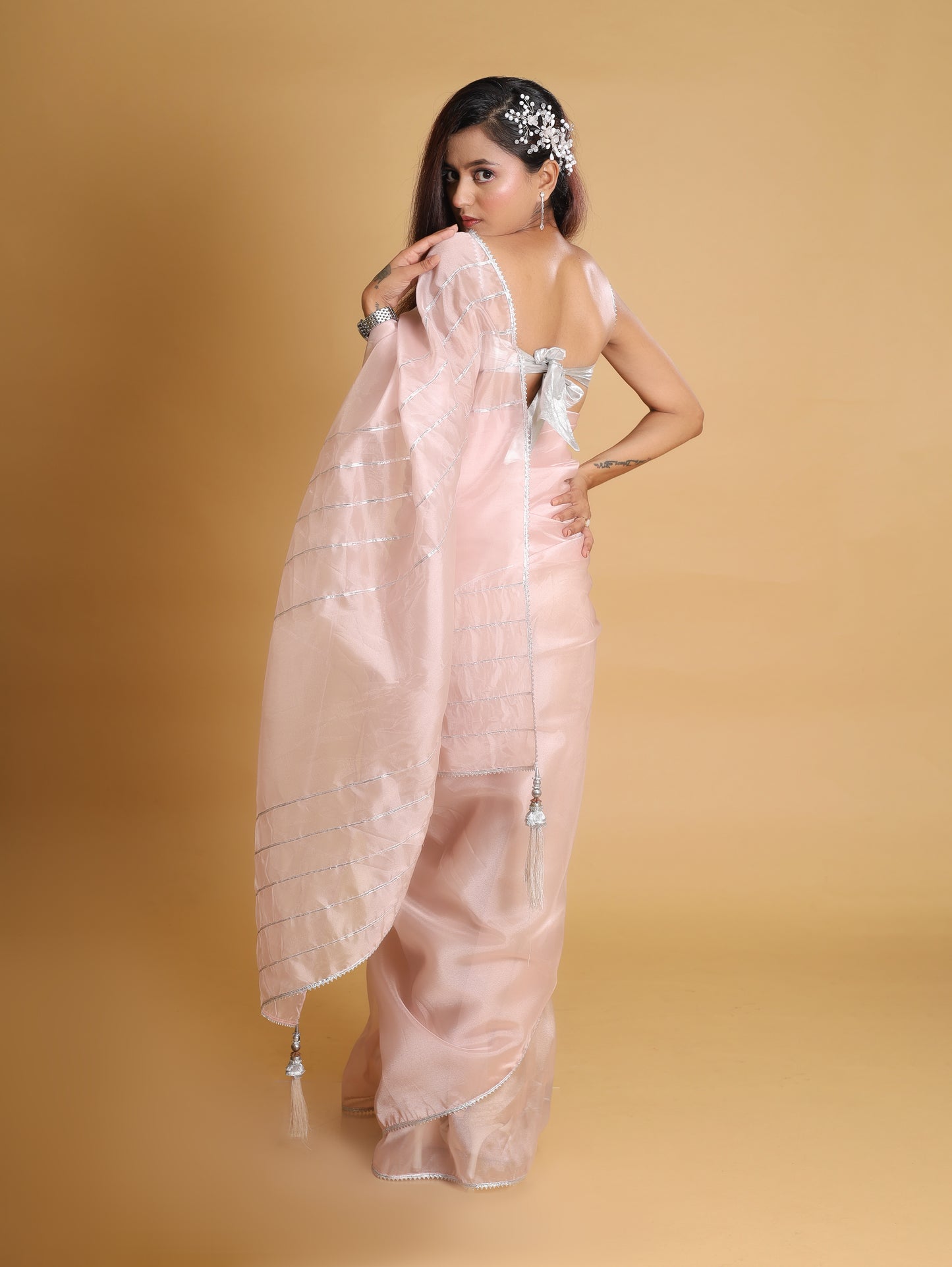 RANI's BLUSH PINK SAREE WITH SILVER CORSET & PETICOTE