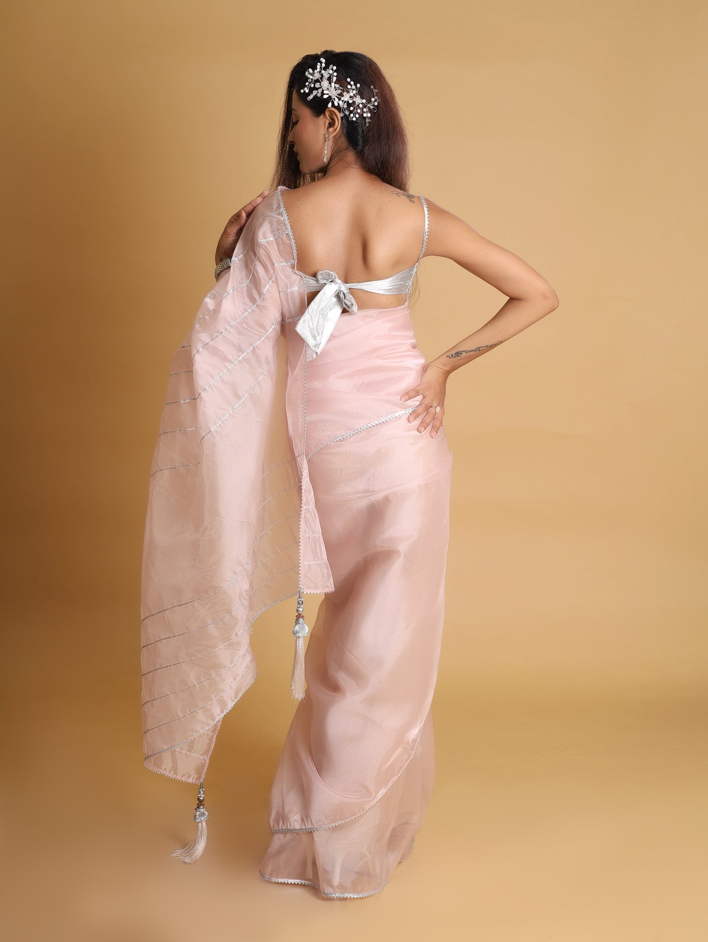 RANI's BLUSH PINK SAREE WITH SILVER CORSET & PETICOTE