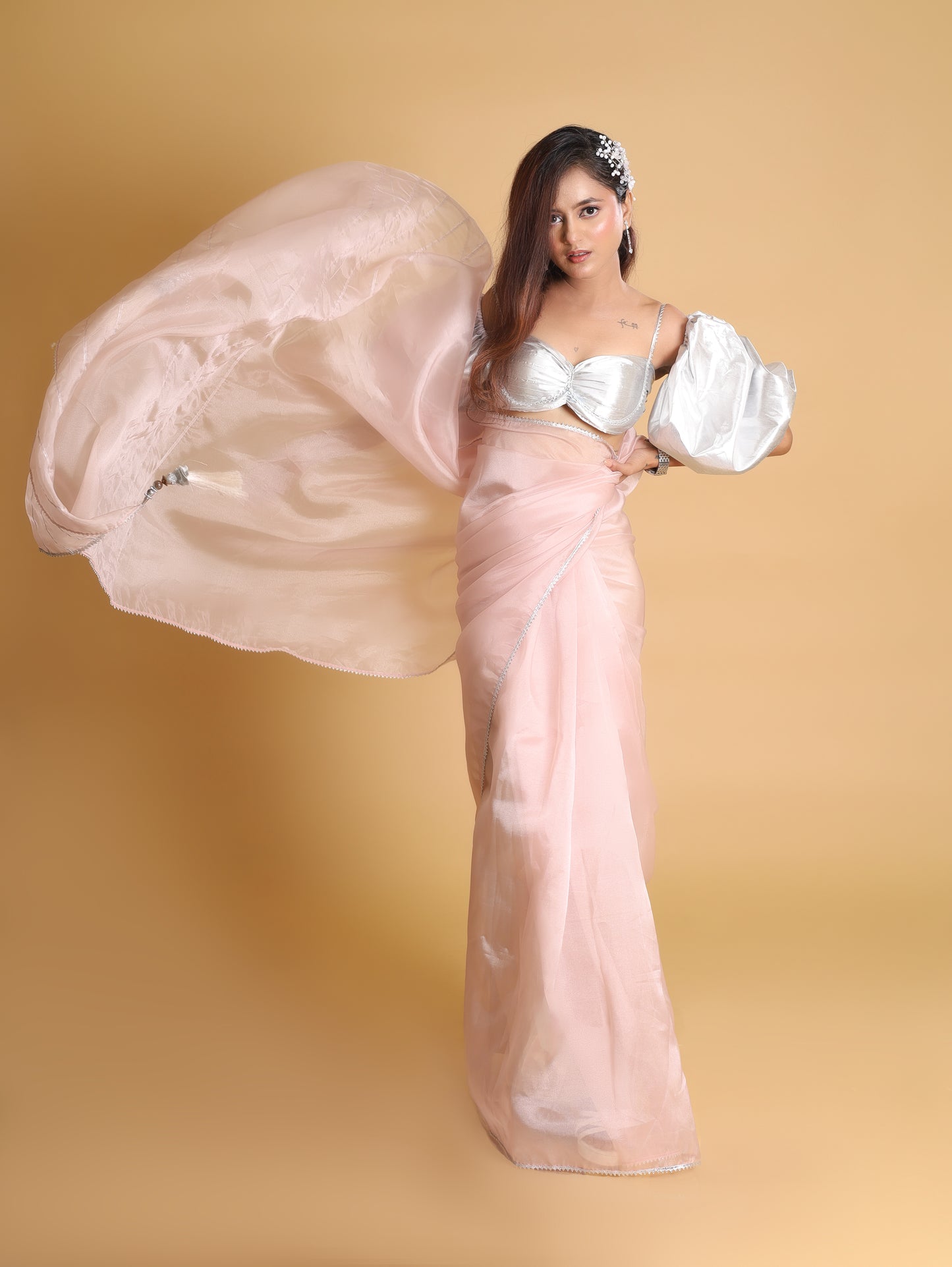 RANI's BLUSH PINK SAREE WITH SILVER CORSET & PETICOTE