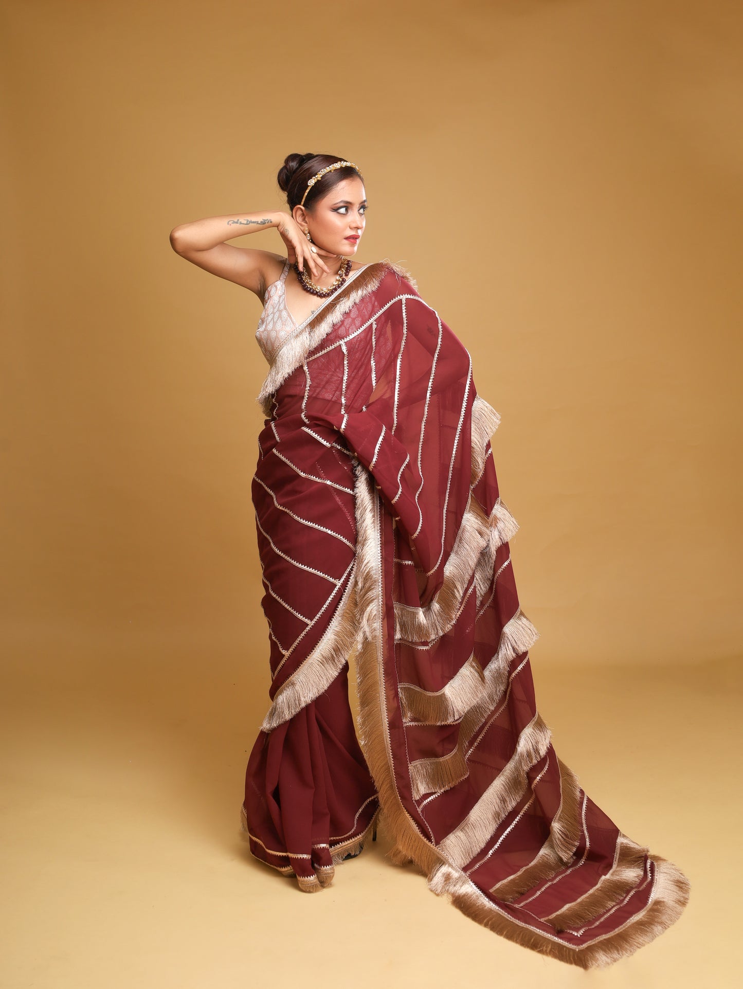 RANI's MAROON SAREE WITH METALLIC FRINGES