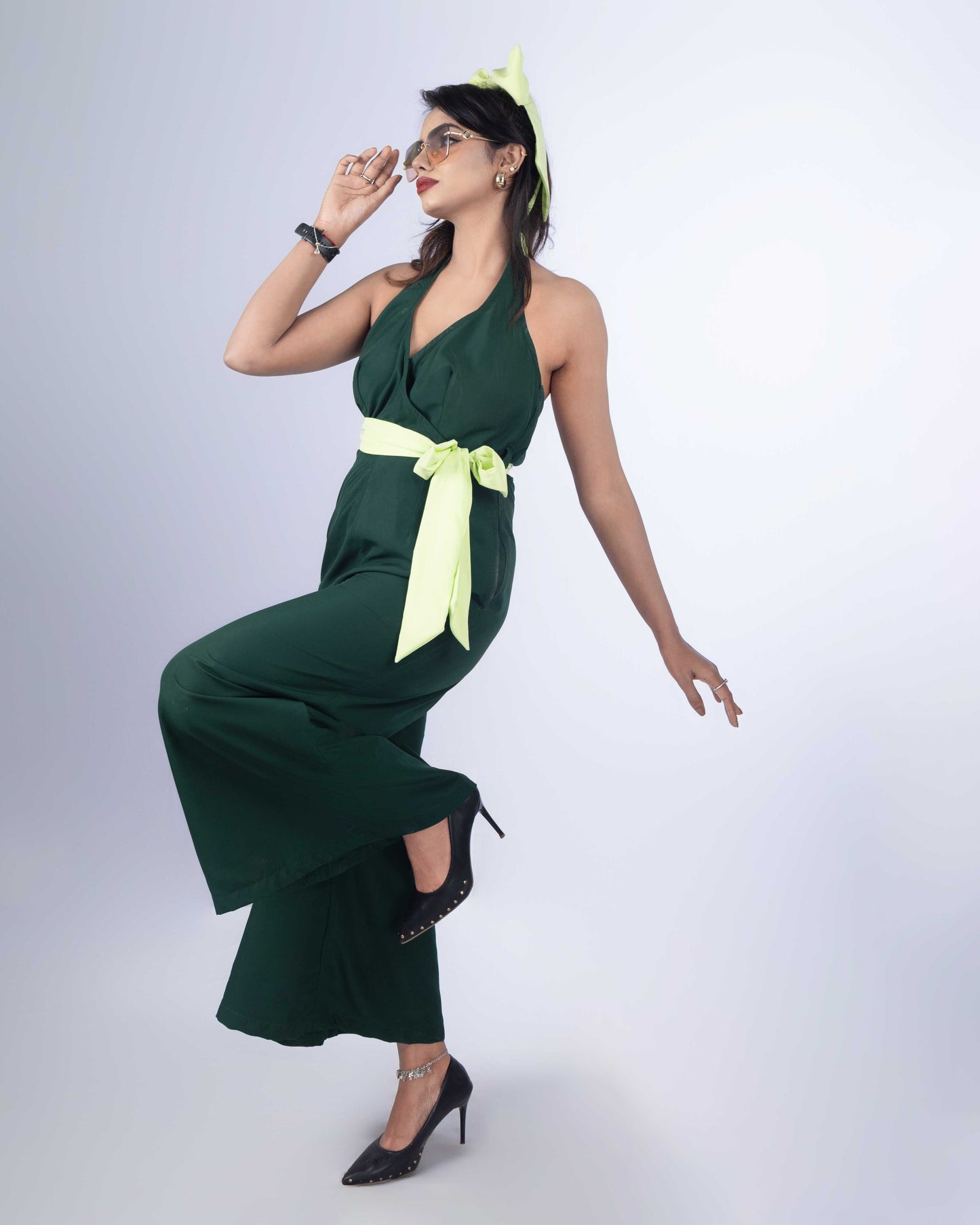 DREAMY EMERALD GREEN HALTER JUMPSUIT WITH MINT GREEN BELT