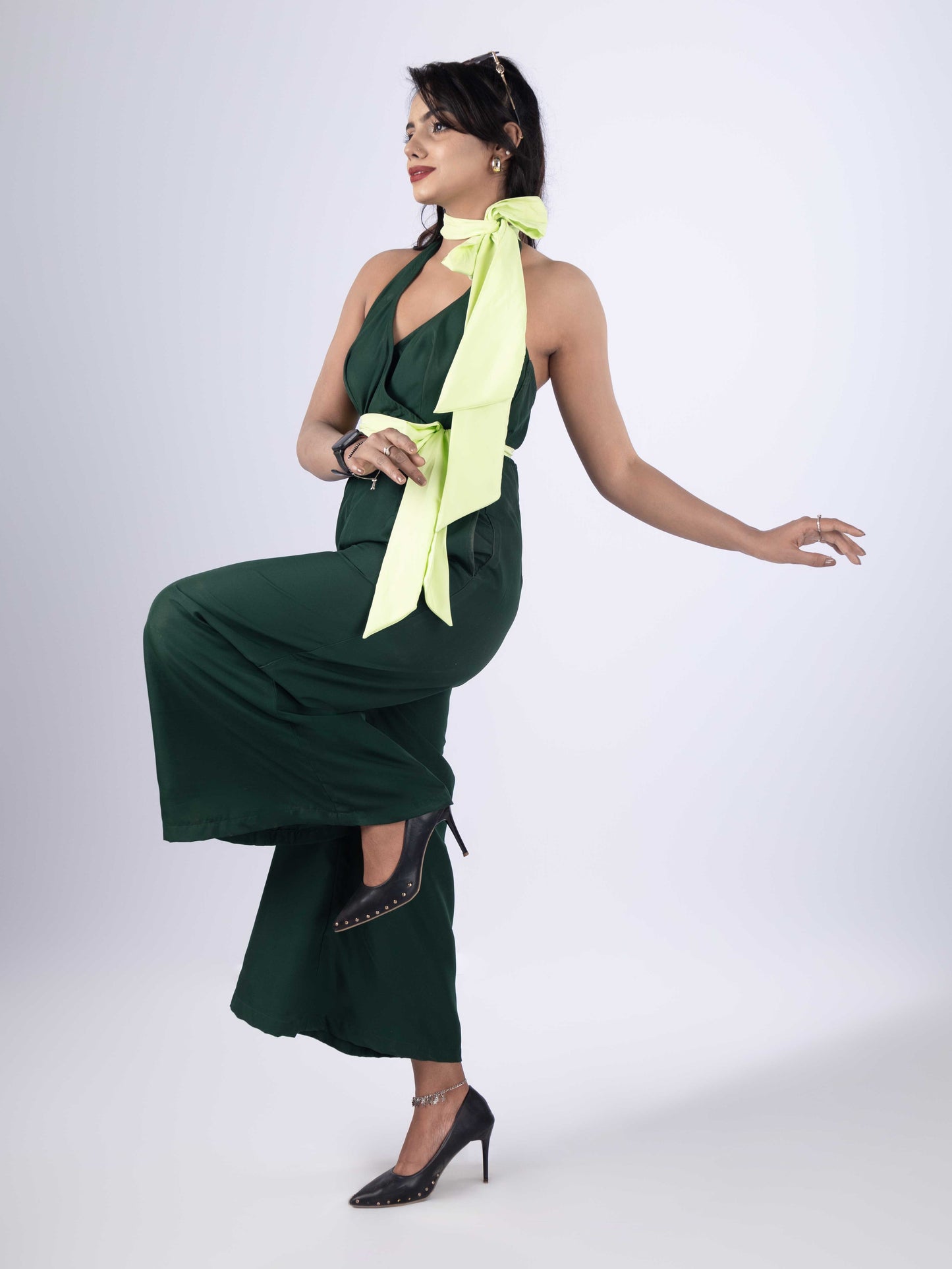 DREAMY EMERALD GREEN HALTER JUMPSUIT WITH MINT GREEN BELT
