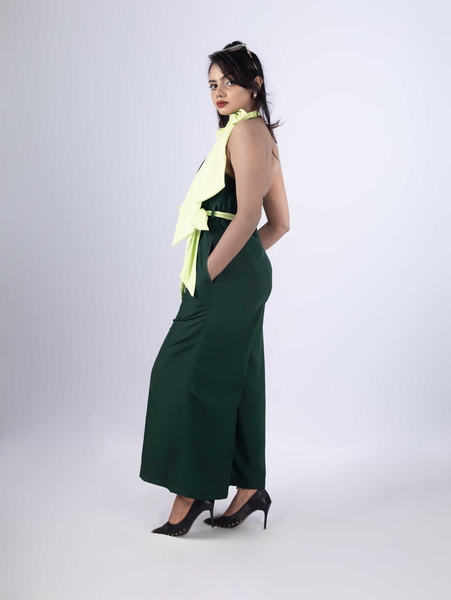 DREAMY EMERALD GREEN HALTER JUMPSUIT WITH MINT GREEN BELT