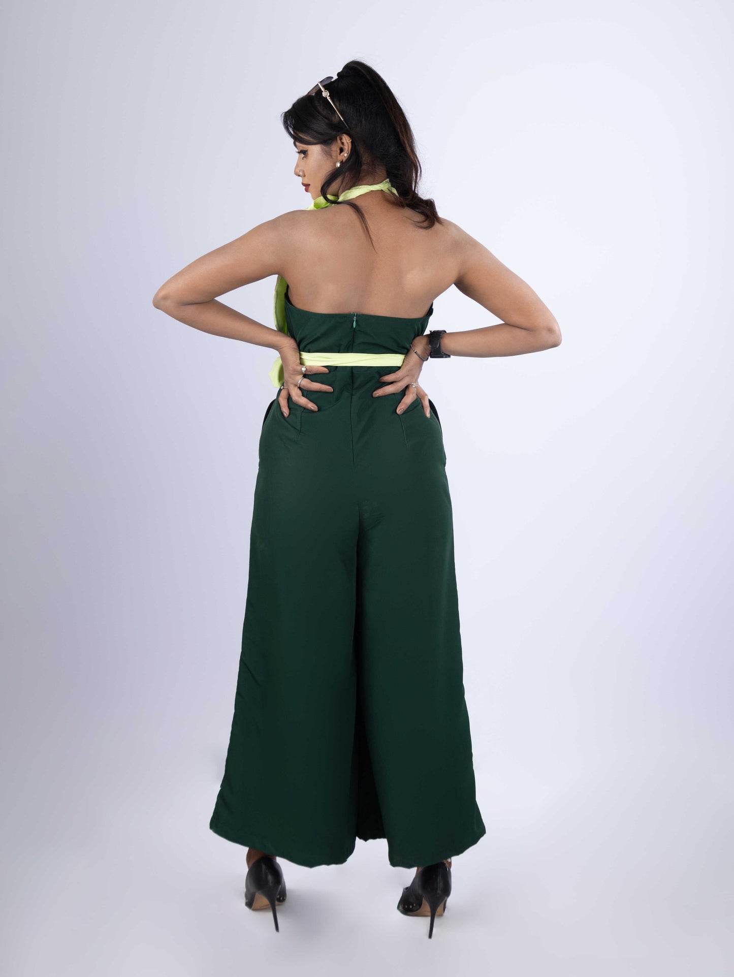 DREAMY EMERALD GREEN HALTER JUMPSUIT WITH MINT GREEN BELT