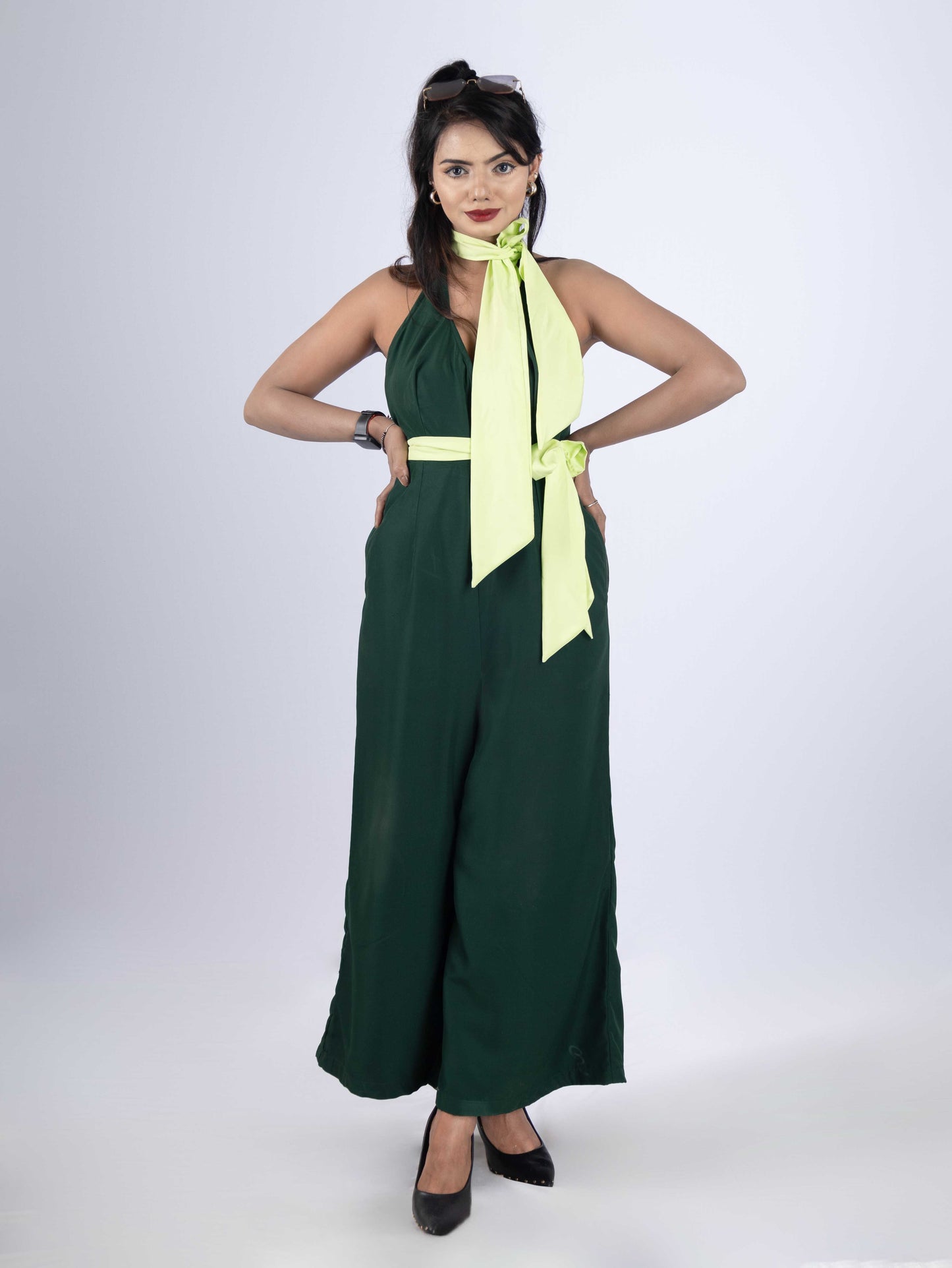 DREAMY EMERALD GREEN HALTER JUMPSUIT WITH MINT GREEN BELT