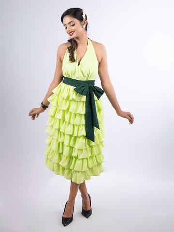 DREAMY MINT HALTER RUFFLE TIE KNOT MIDI