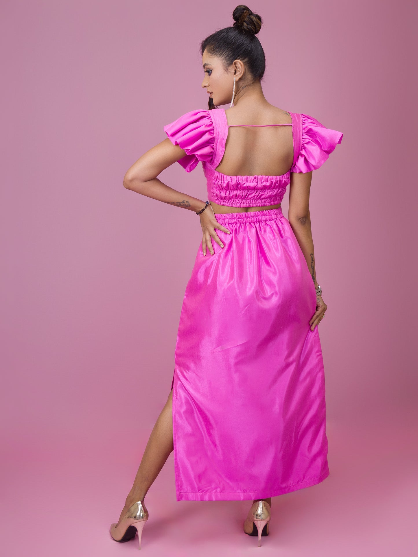 SPARKLING RUFFLE CORSET & HIGH WAIST SLIT SKIRT