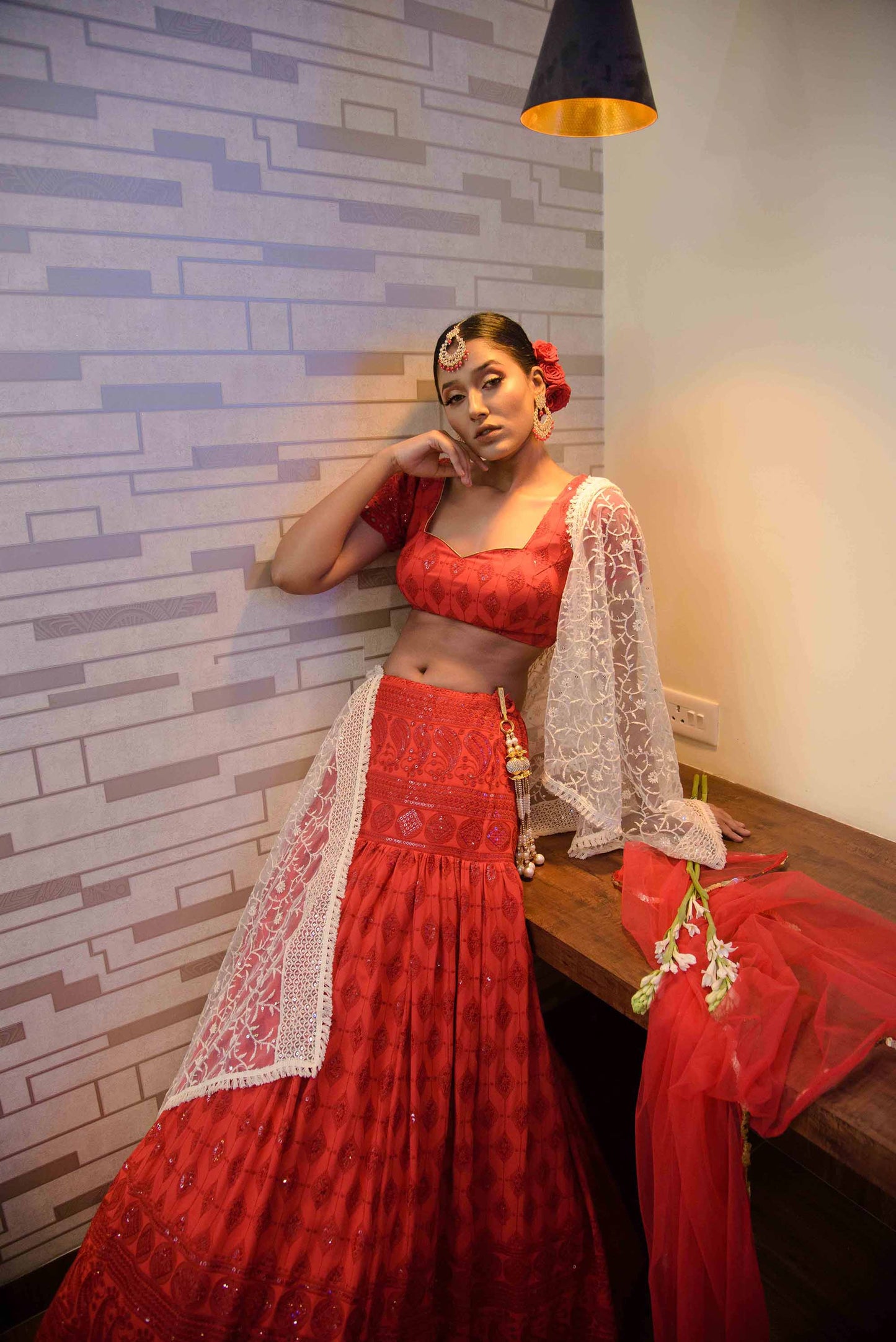 A LA MODE HERITAGE'S SCARLET FISHCUT LEHENGA BLOUSE WITH NET DUPATTA