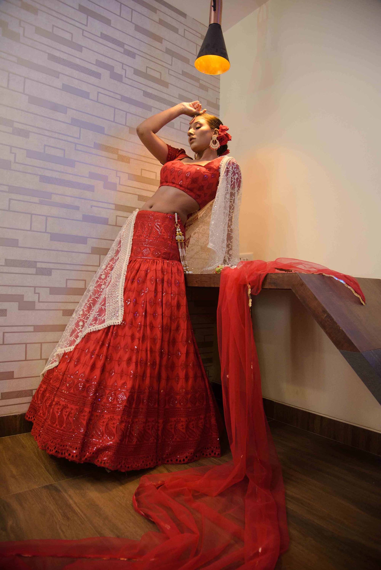 A LA MODE HERITAGE'S SCARLET FISHCUT LEHENGA BLOUSE WITH NET DUPATTA