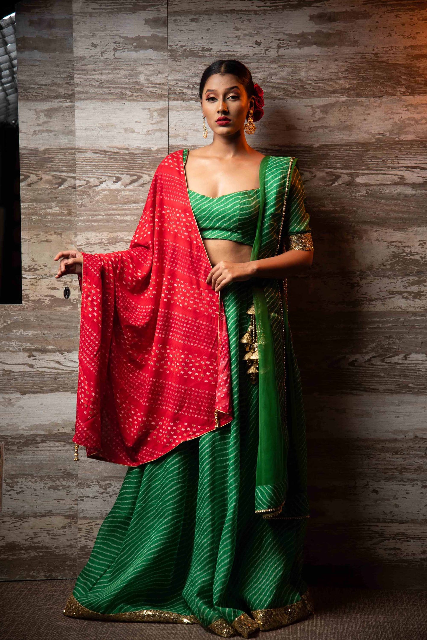 A LA MODE HERITAGE'S EMERALD FLAT LEHENGA WITH BLOUSE LEHERIYA RED & NET DUPATTA