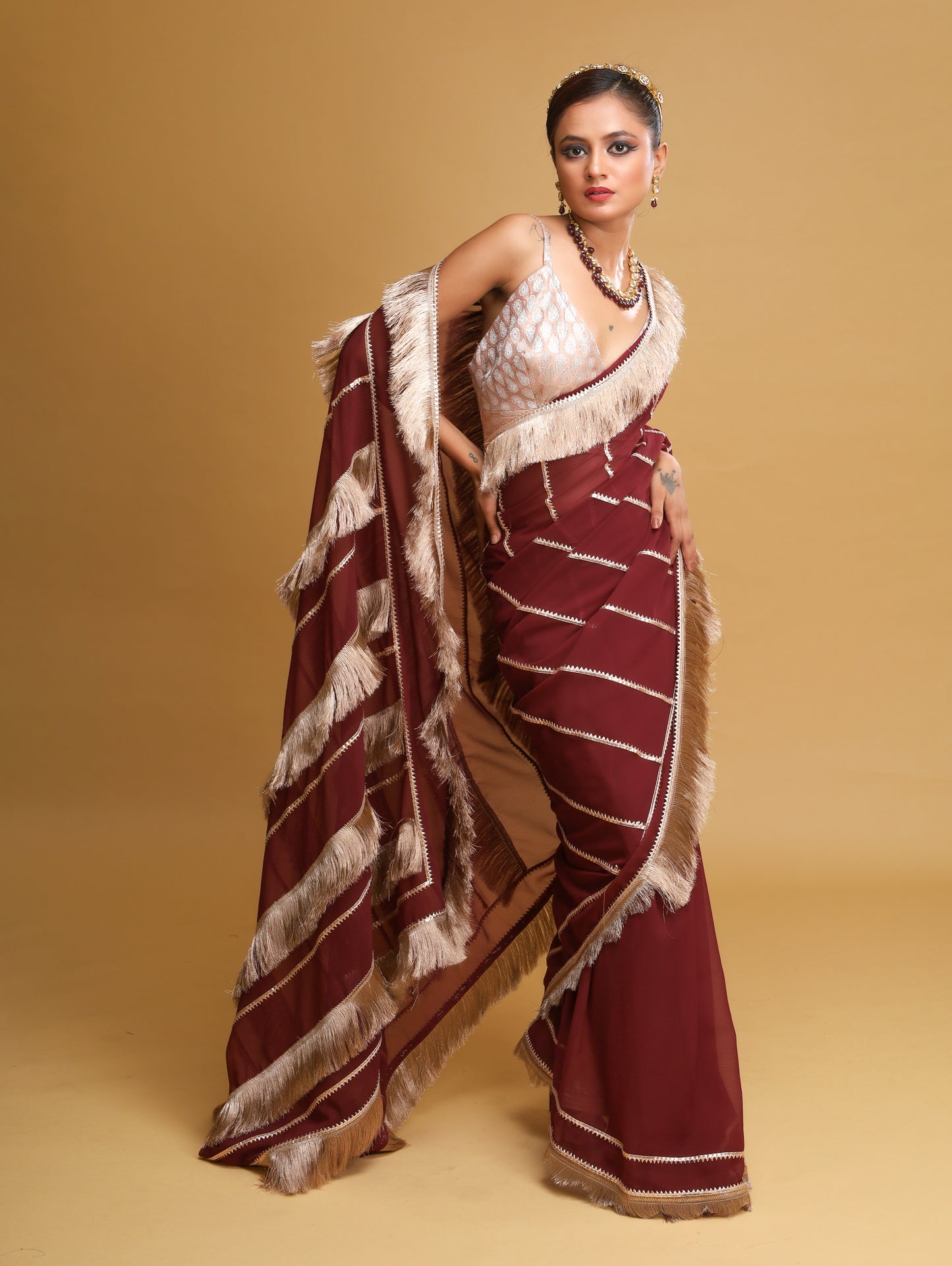 RANI's MAROON  SAREE  WITH METALLIC FRINGES