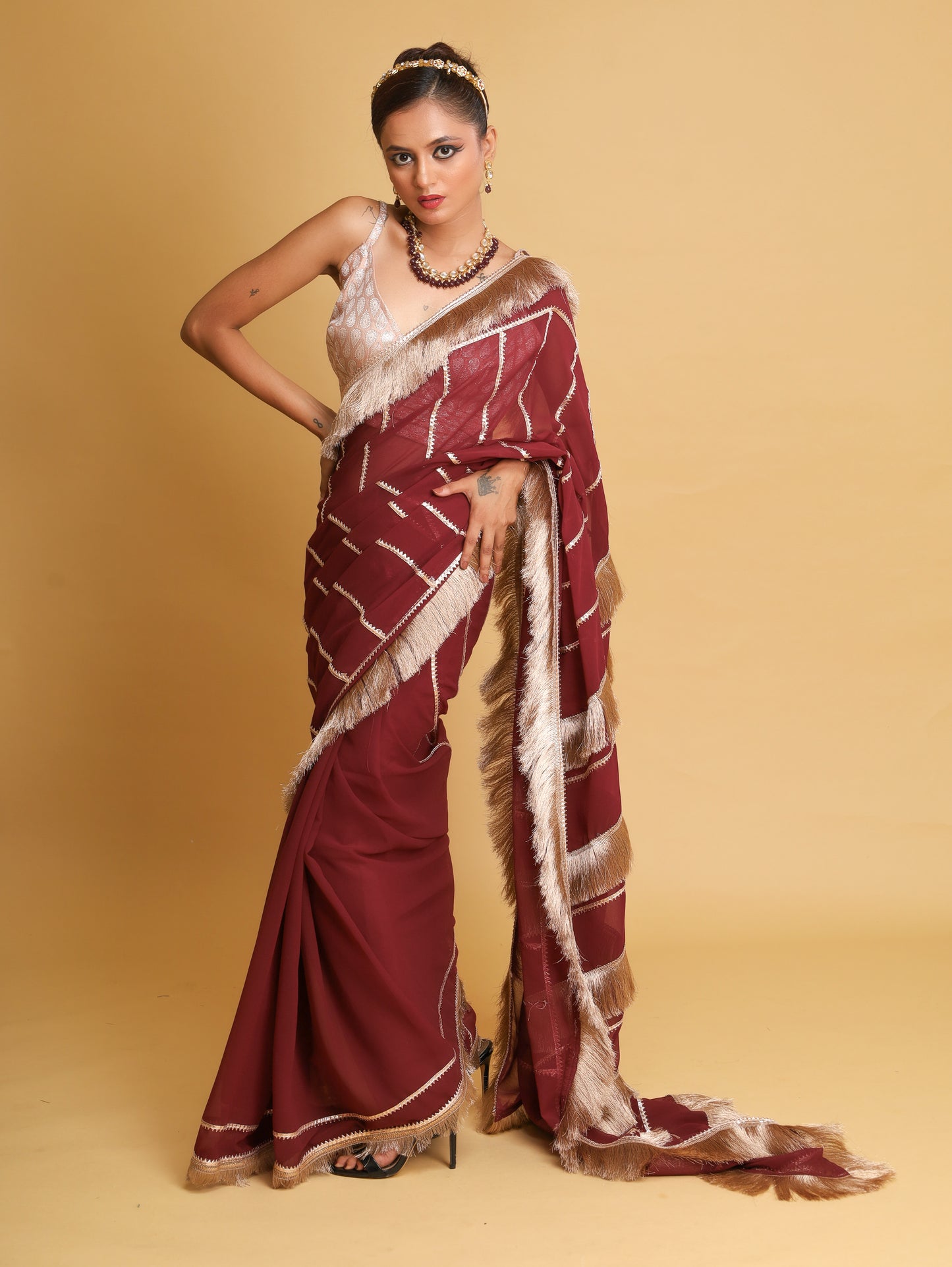 RANI's MAROON  SAREE  WITH METALLIC FRINGES