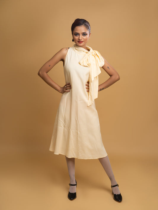 CREAM HALTER TIE KNOT DRESS