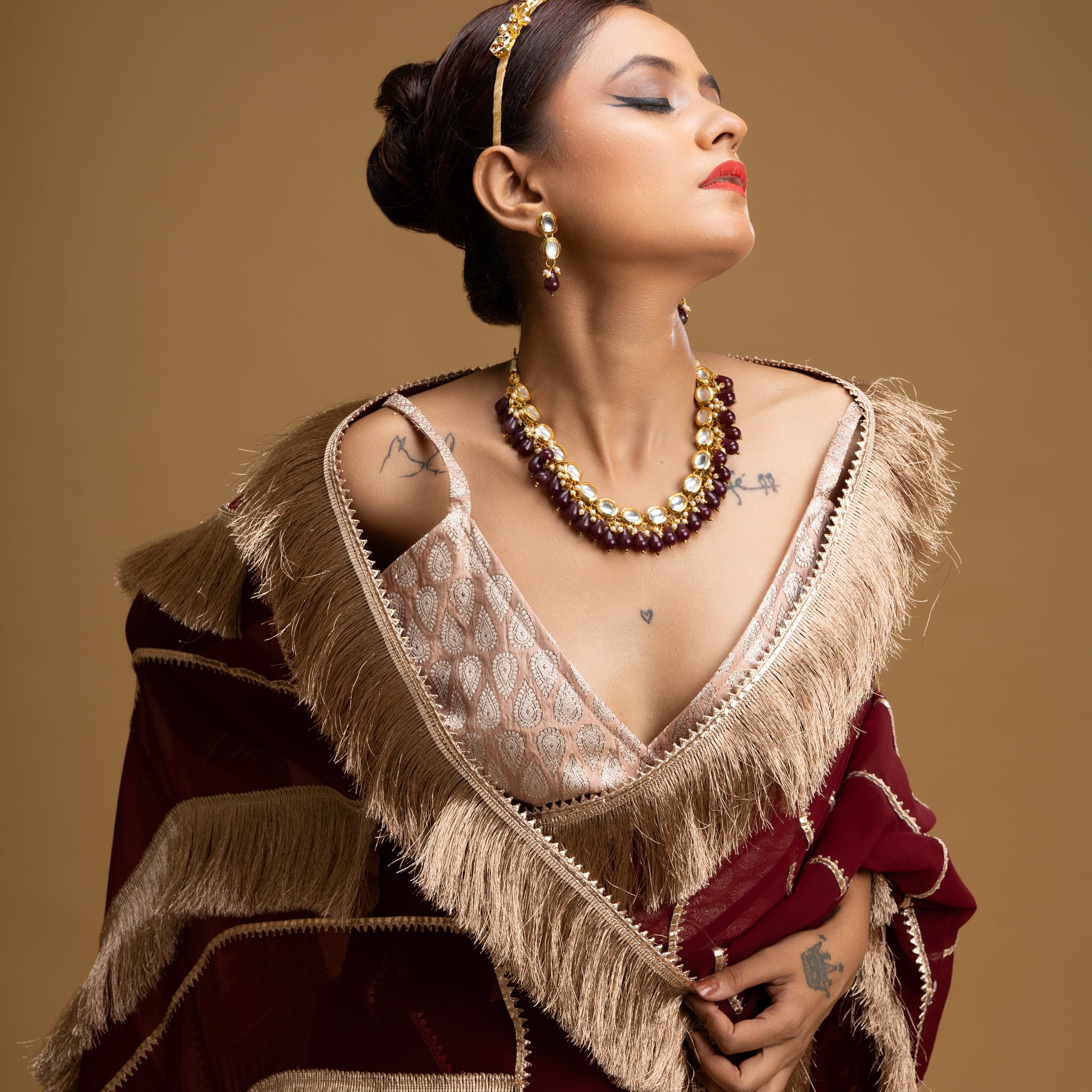 RANI's MAROON  SAREE  WITH METALLIC FRINGES , CORSET & PETICOTE