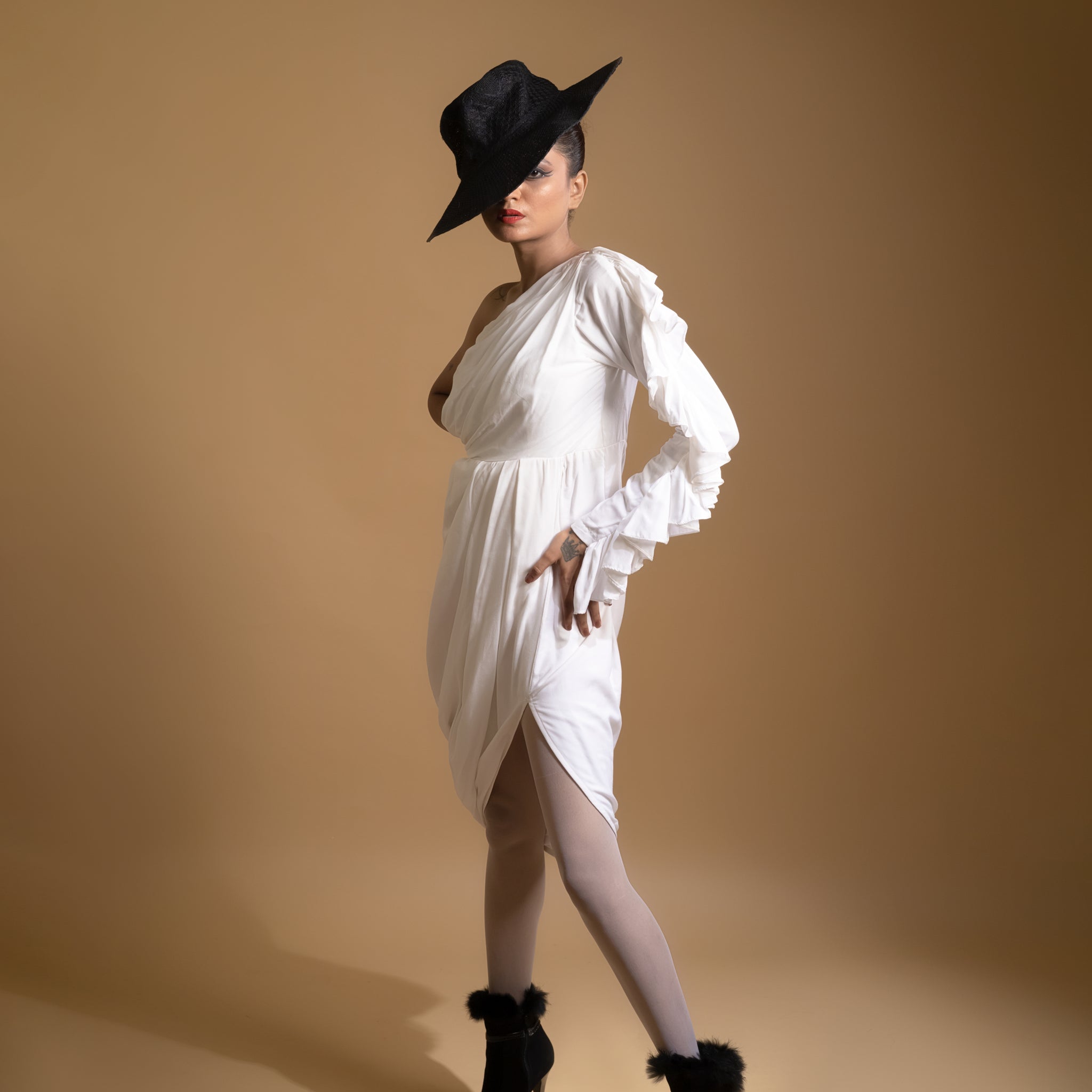 IVORY ONE SHOULDER OVERLAP DRESS