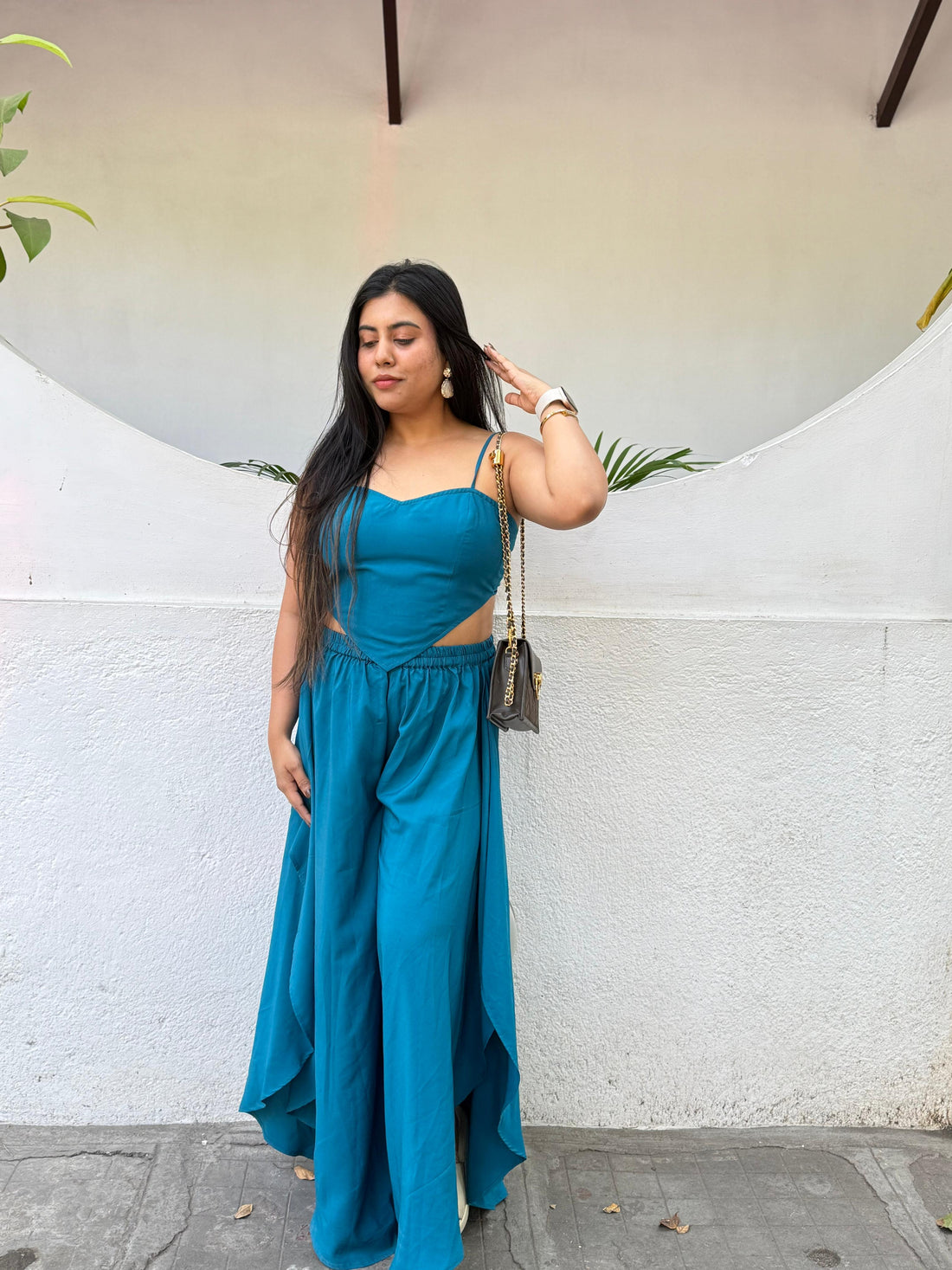 Isha's  DREAMY AZURE HAREM HIGH SLIT PANTS & TIE UP CORSET
