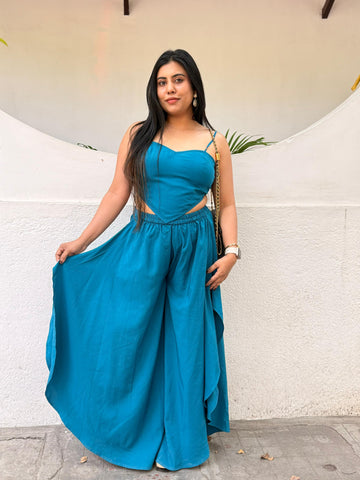 Isha's  DREAMY AZURE HAREM HIGH SLIT PANTS & TIE UP CORSET