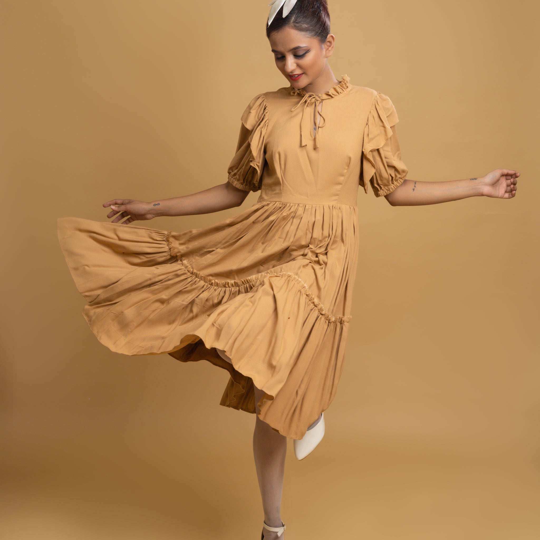 TAN RUFFLE TIERED DRESS
