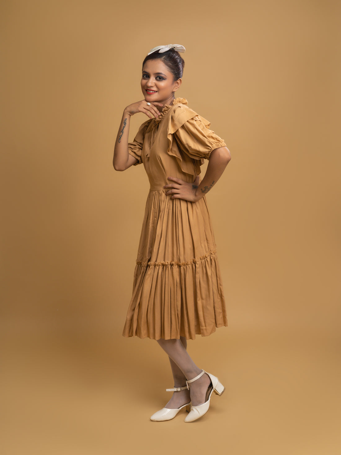 TAN RUFFLE TIERED DRESS