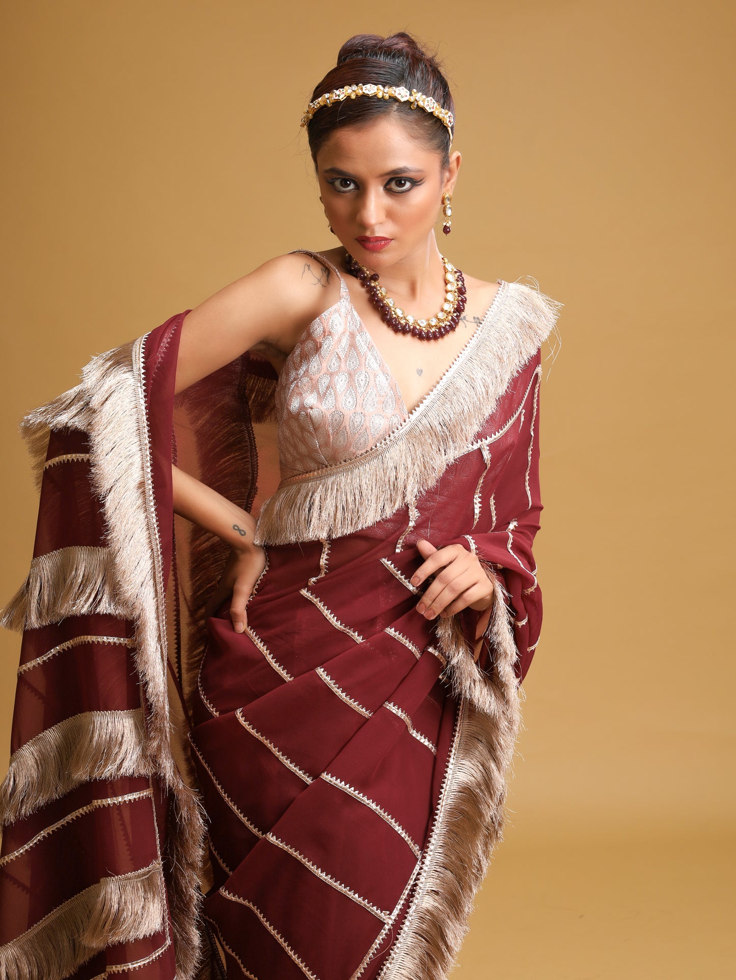 RANI's MAROON  SAREE  WITH METALLIC FRINGES