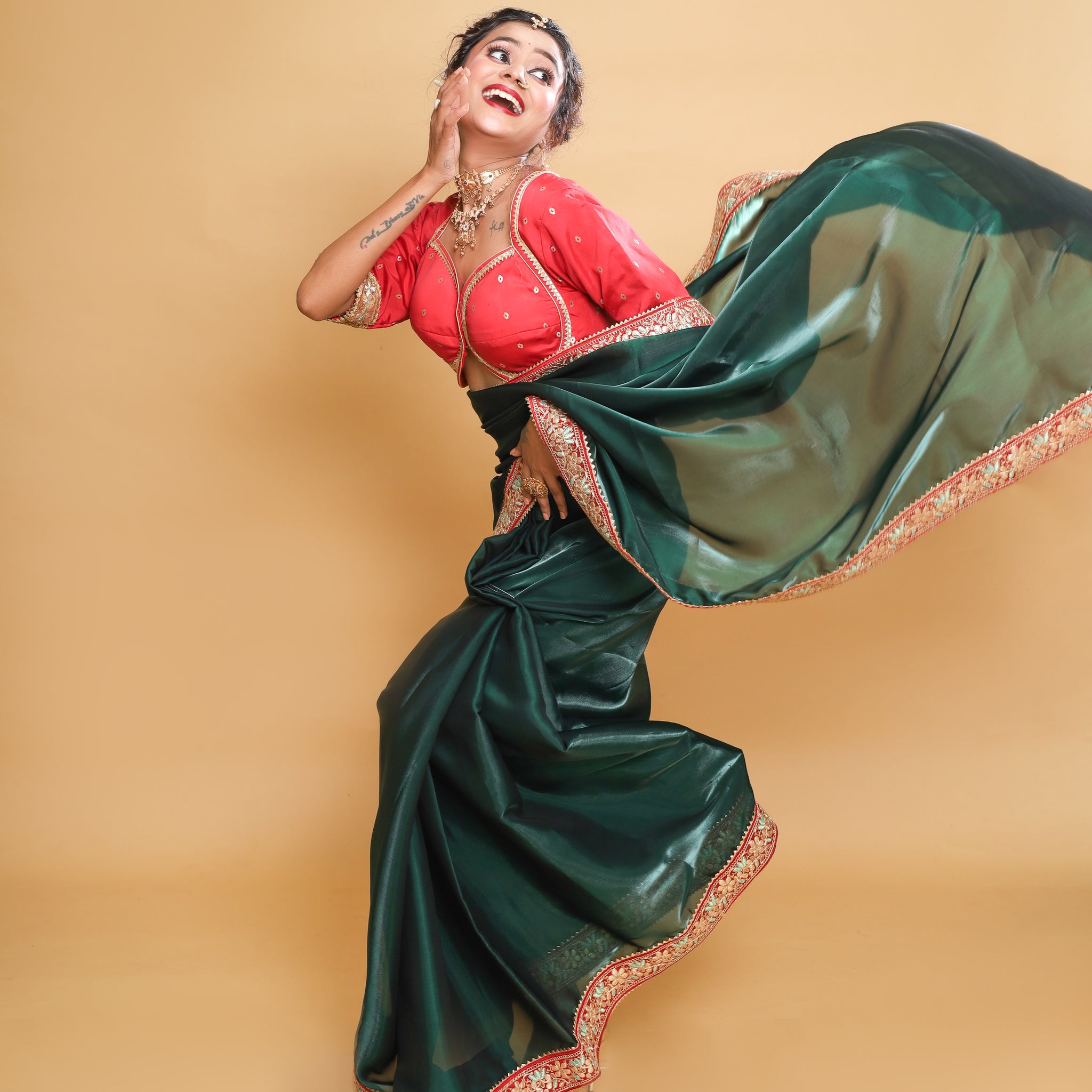 RANI's EMERALD GREEN SHINE-ON SAREE WITH RED KOTI BLOUSE & PETICOTE