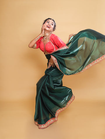 RANI's EMERALD GREEN SHINE-ON SAREE WITH RED KOTI BLOUSE & PETICOTE