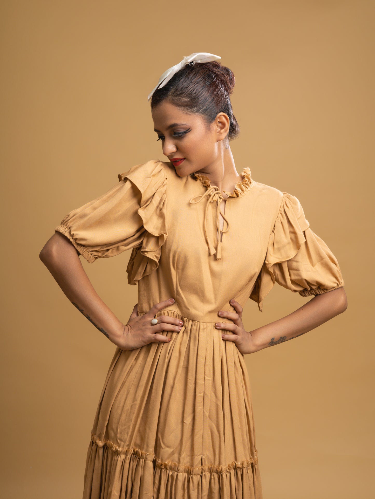 TAN RUFFLE TIERED DRESS