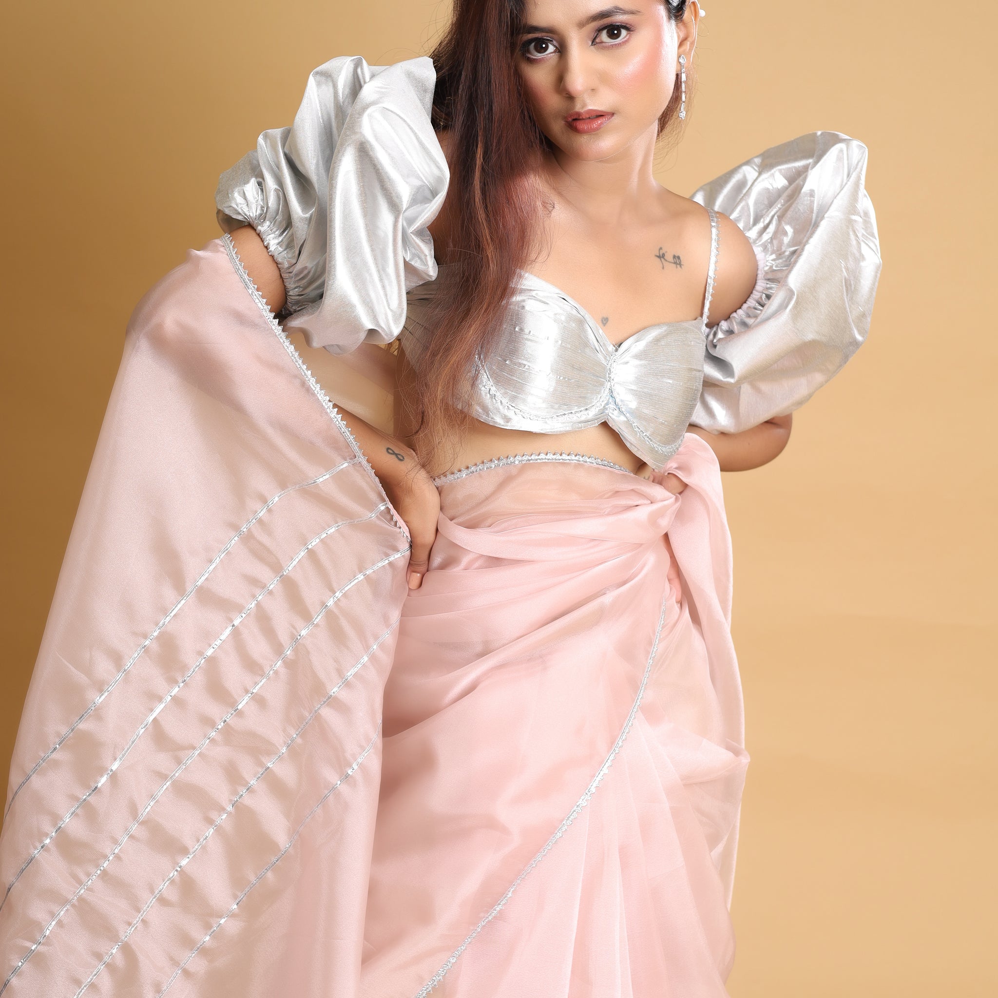 RANI's BLUSH PINK SAREE WITH SILVER CORSET &  PETICOTE