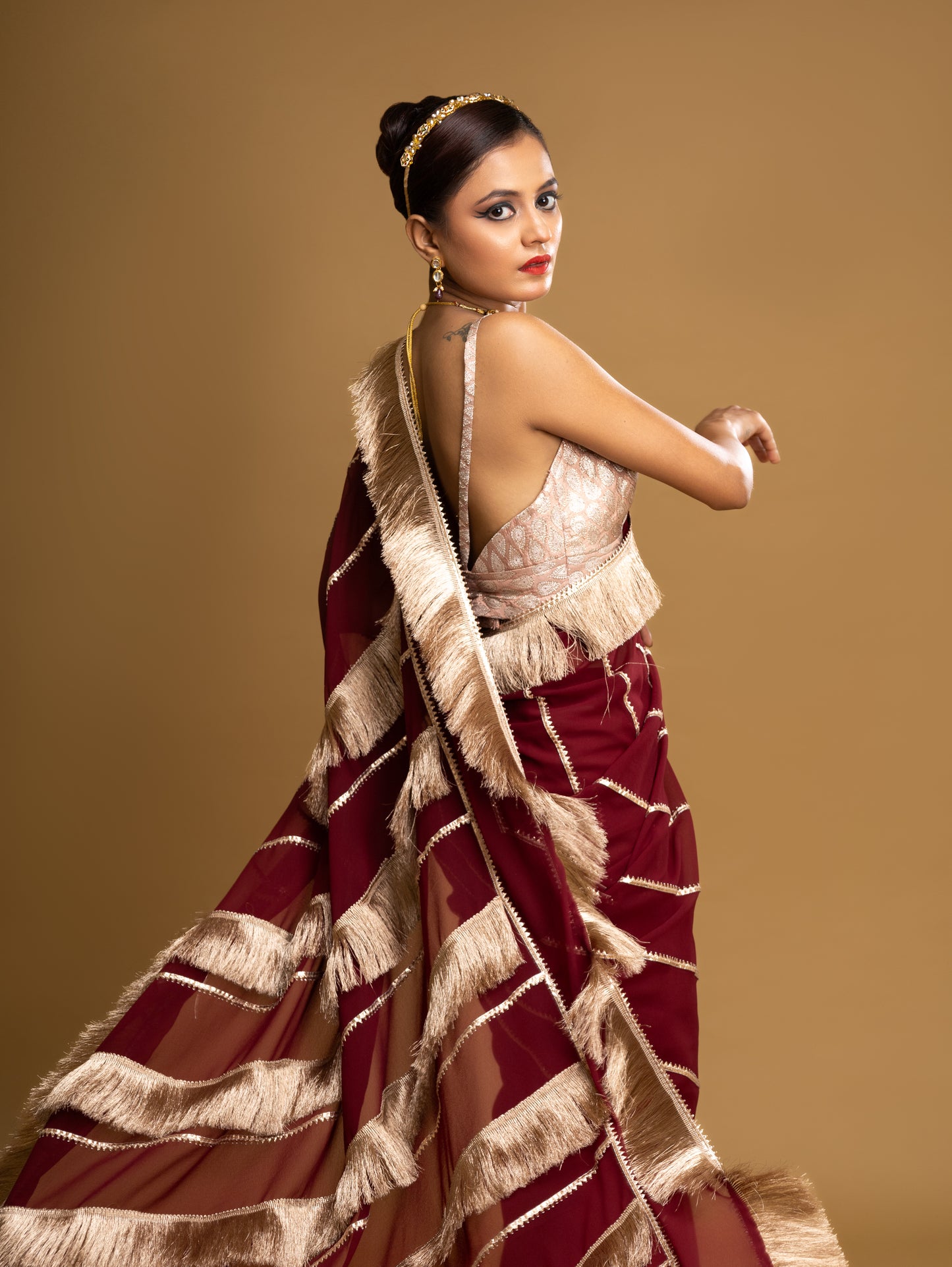 RANI's MAROON  SAREE  WITH METALLIC FRINGES