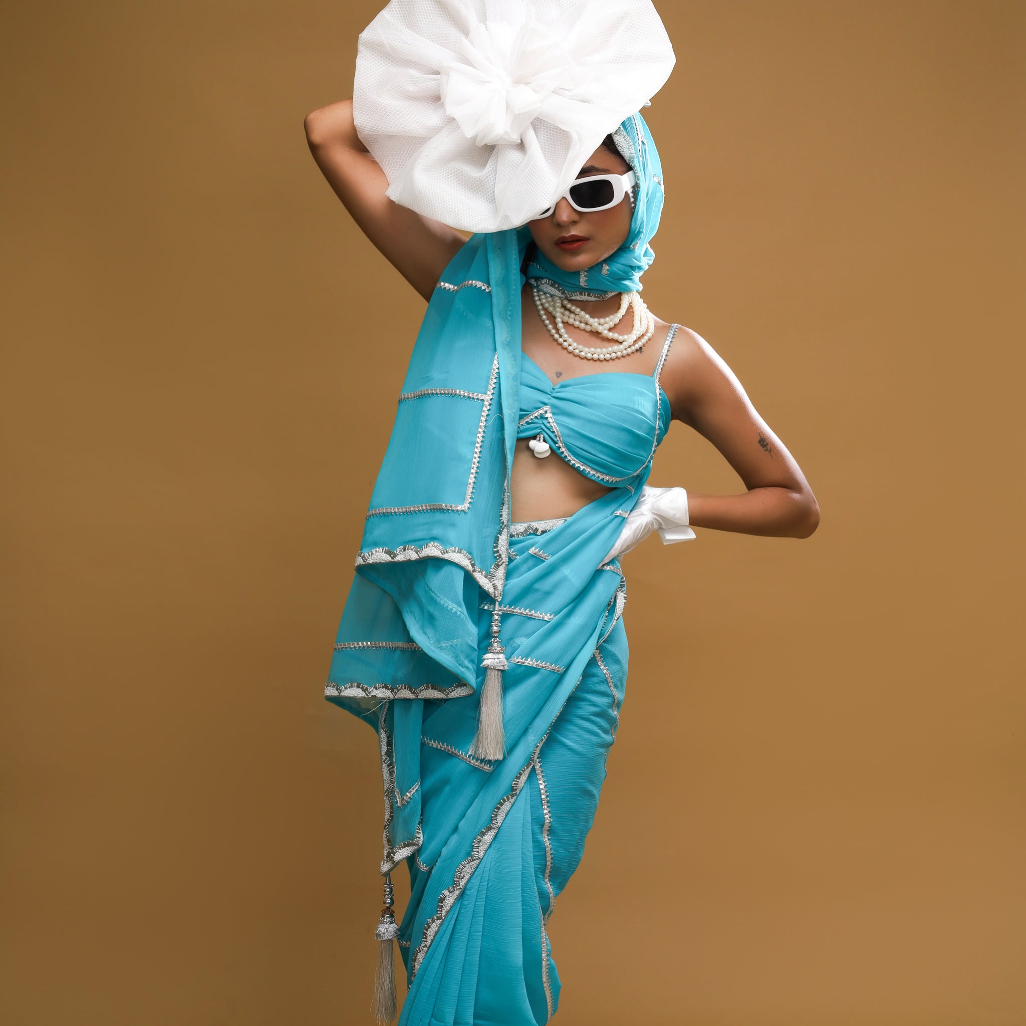 RANI's AQUA SILVER SAREE WITH CORSET & PETICOTE