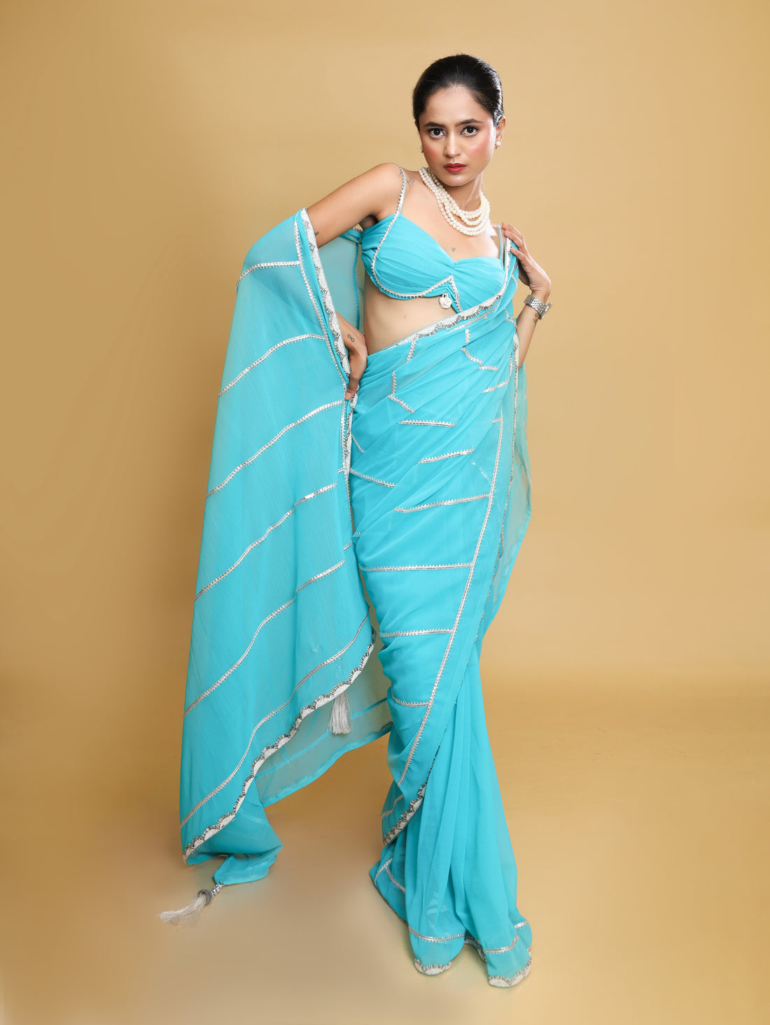 RANI's AQUA SILVER SAREE WITH CORSET & PETICOTE