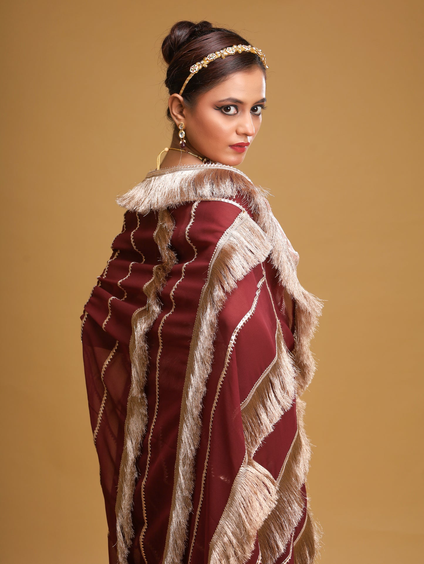 RANI's MAROON  SAREE  WITH METALLIC FRINGES