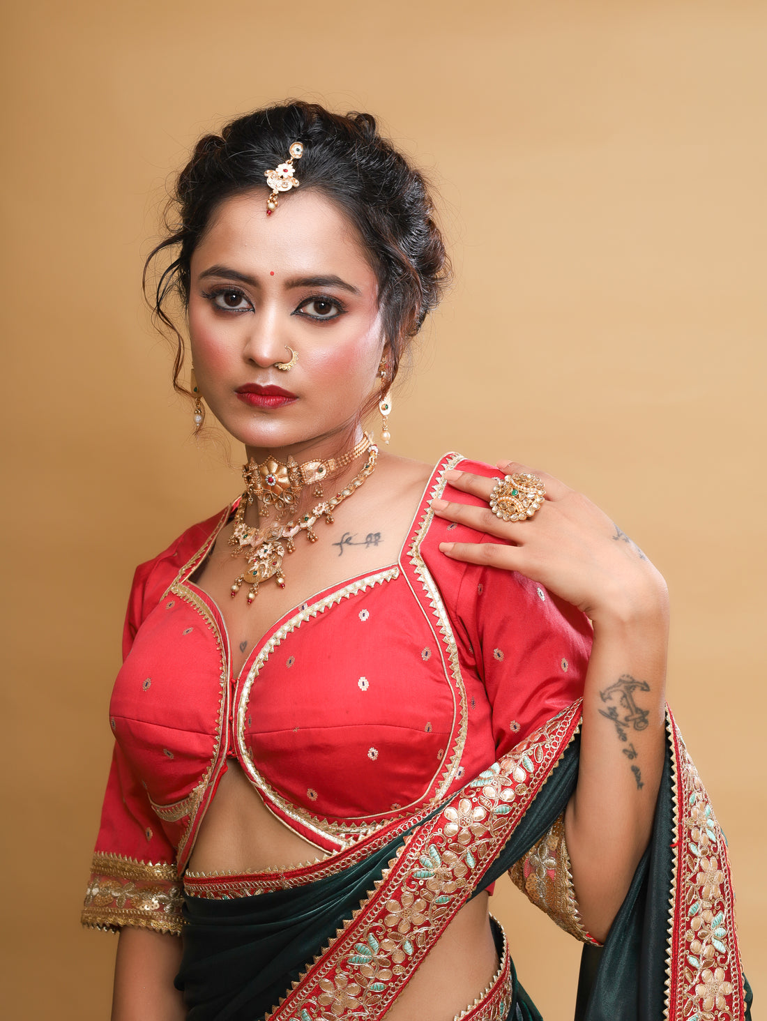 RANI's EMERALD GREEN SHINE-ON SAREE WITH RED KOTI BLOUSE & PETICOTE