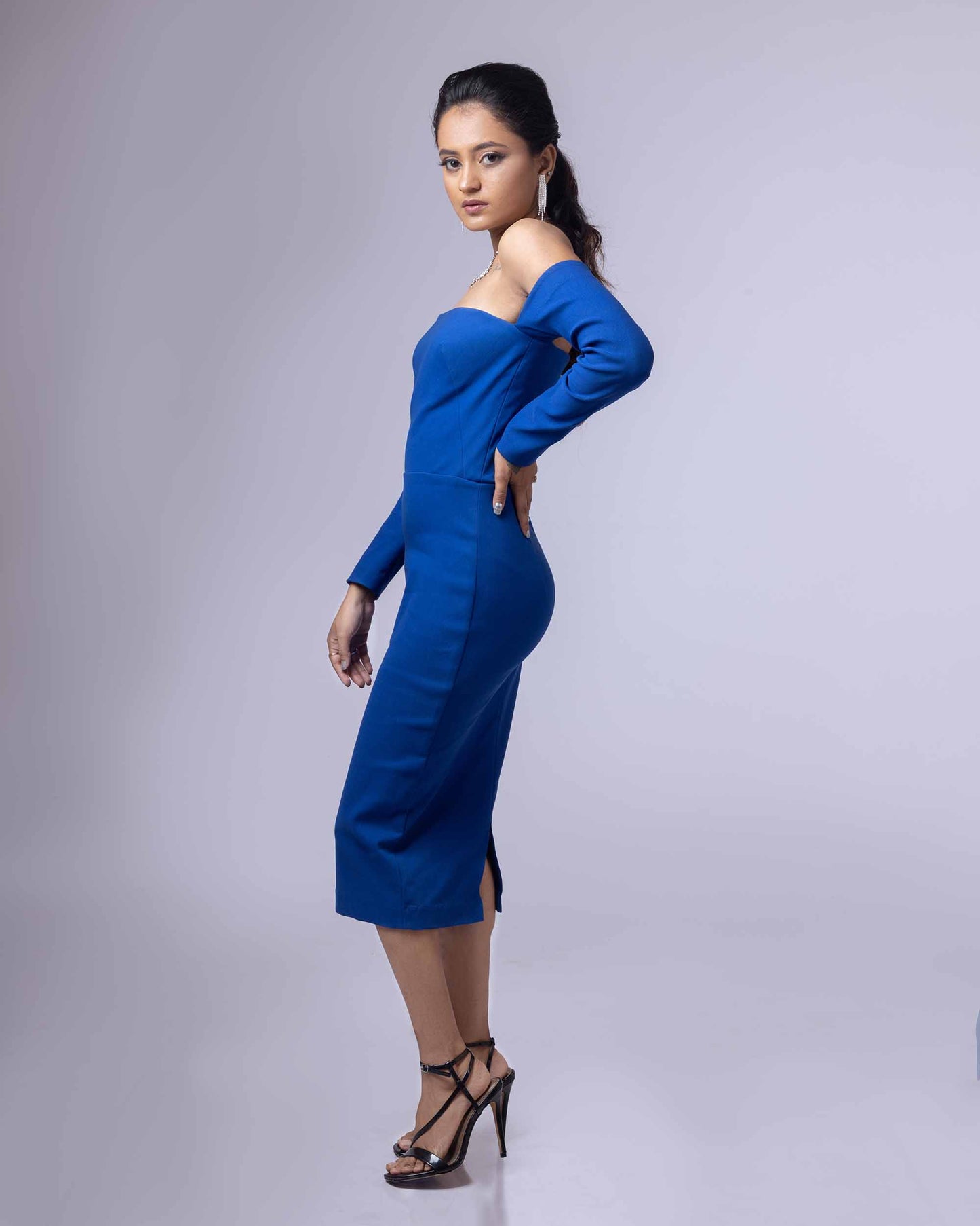 DRAMAQUEEN'S  SAPPHIRE OFF  SHOULDER FULL SLEEVES DRESS