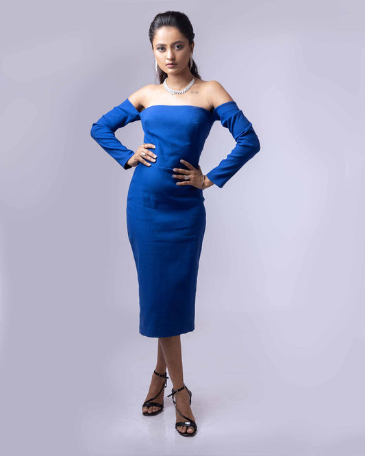 DRAMAQUEEN'S  SAPPHIRE OFF  SHOULDER FULL SLEEVES DRESS