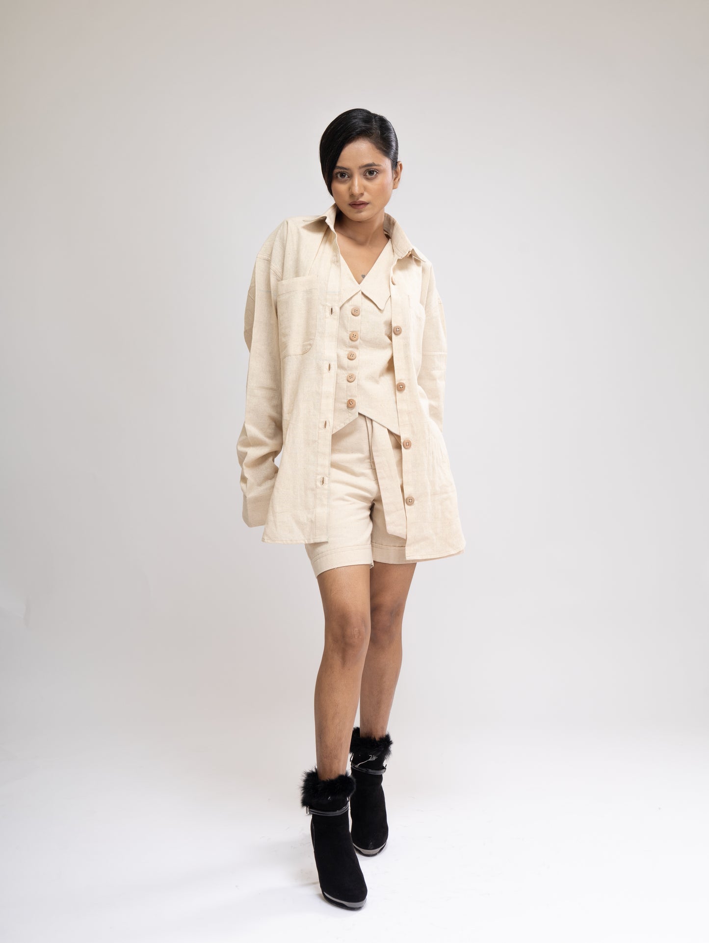 CO-ORDS (SET OF 3) -  OVERSIZED SHIRT + TAILORED WAISTCOAT & BERMUDA SHORTS