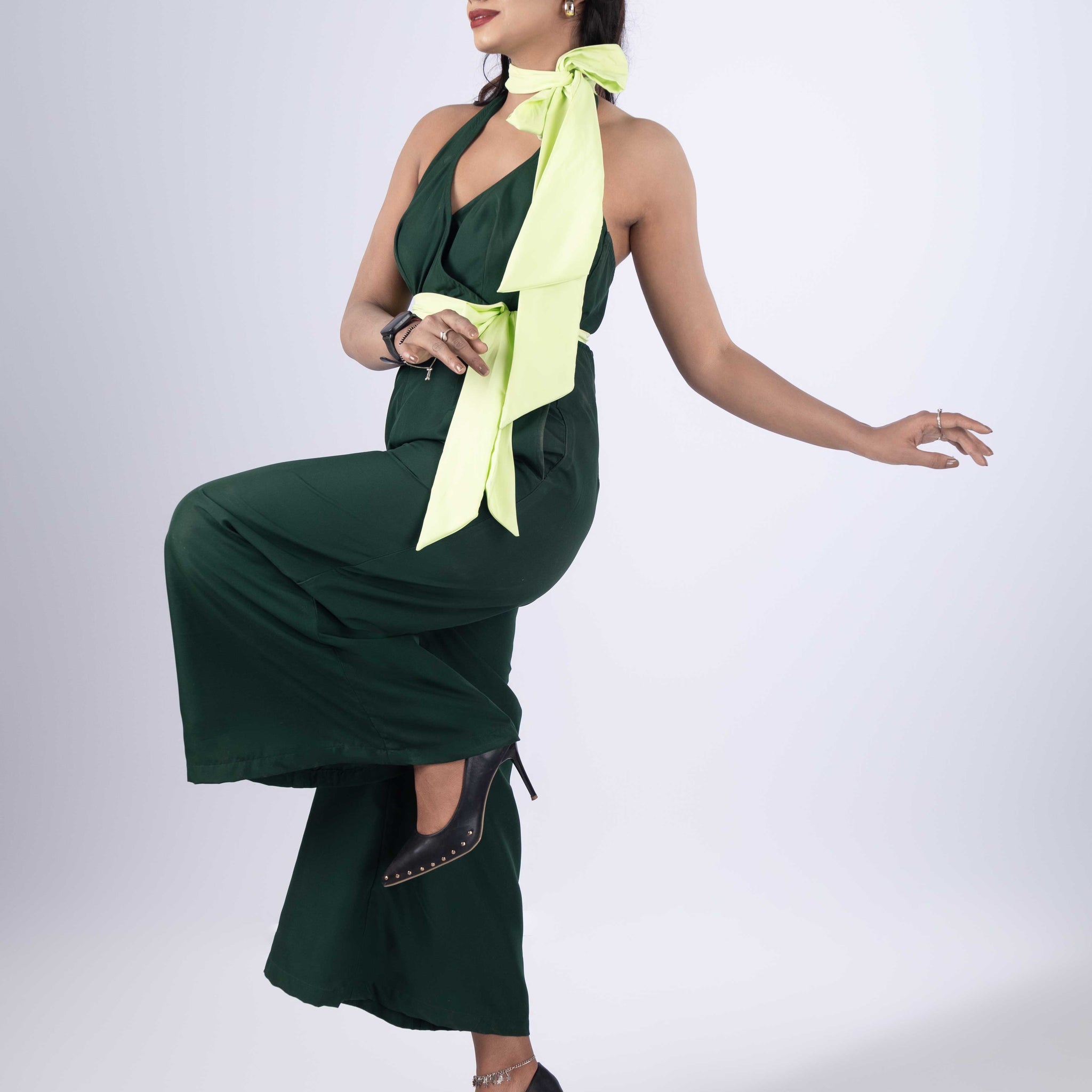 DREAMY EMERALD GREEN HALTER  JUMPSUIT WITH MINT GREEN BELT