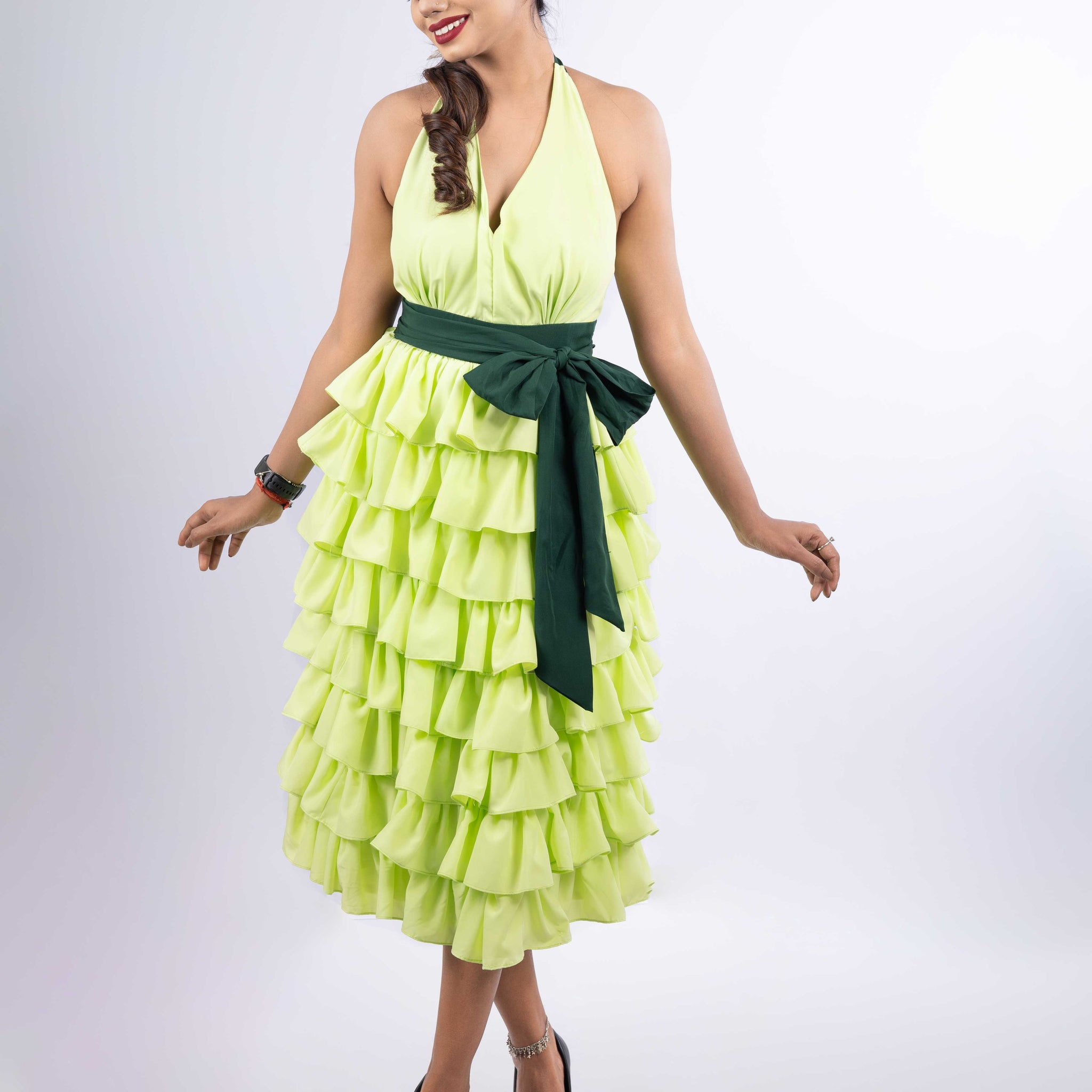 DREAMY MINT  HALTER RUFFLE TIE KNOT MIDI