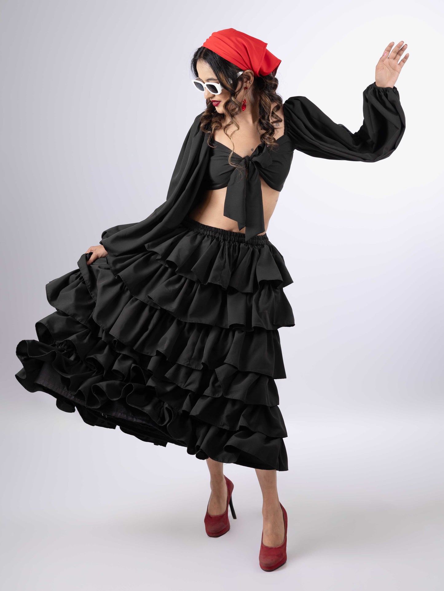 DREAMY RUFFLED TIERED  JET BLACK SKIRT  & JET BLACK  FRONT  TIE KNOT CROP TOP