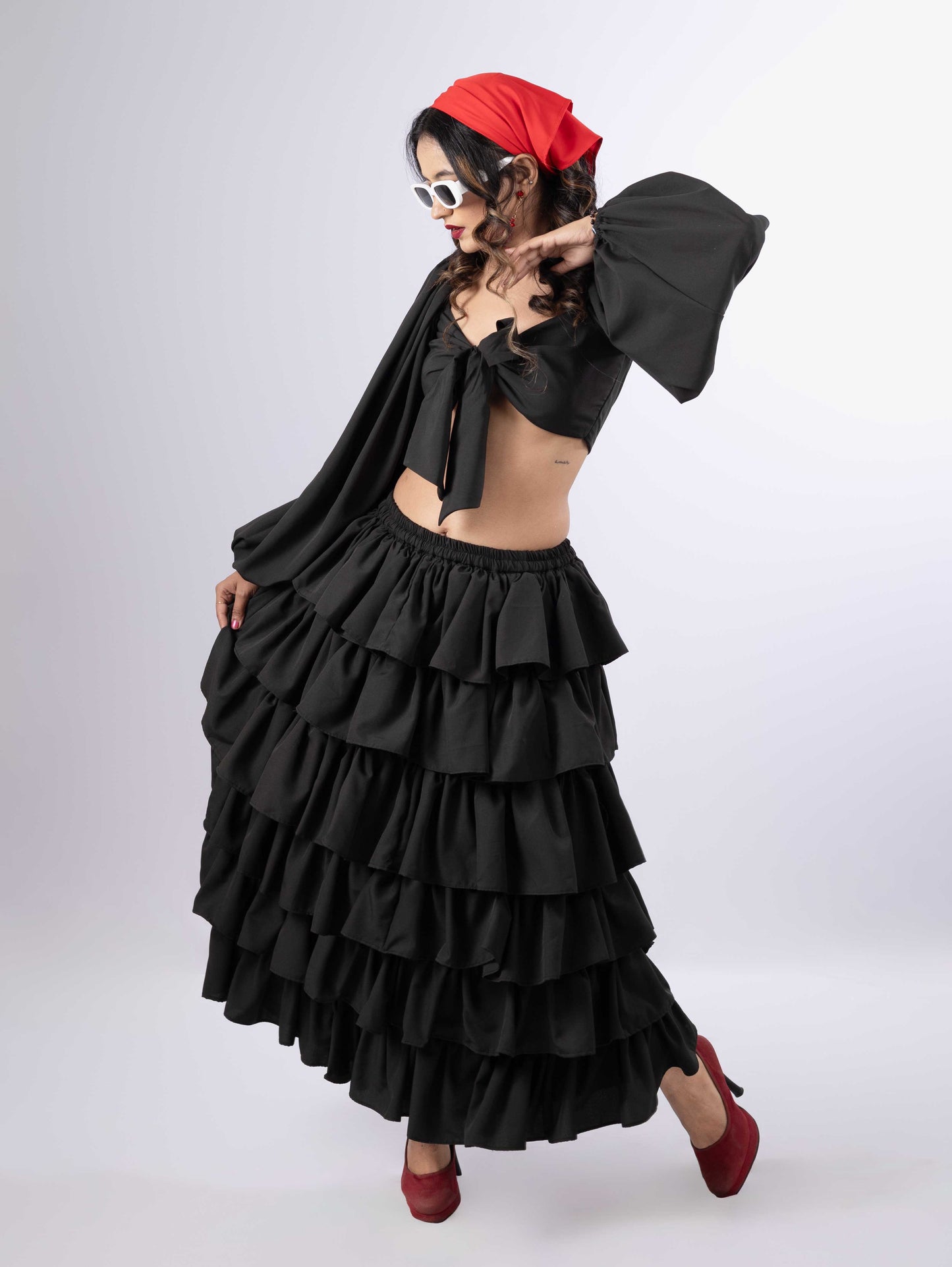 DREAMY RUFFLED TIERED  JET BLACK SKIRT  & JET BLACK  FRONT  TIE KNOT CROP TOP