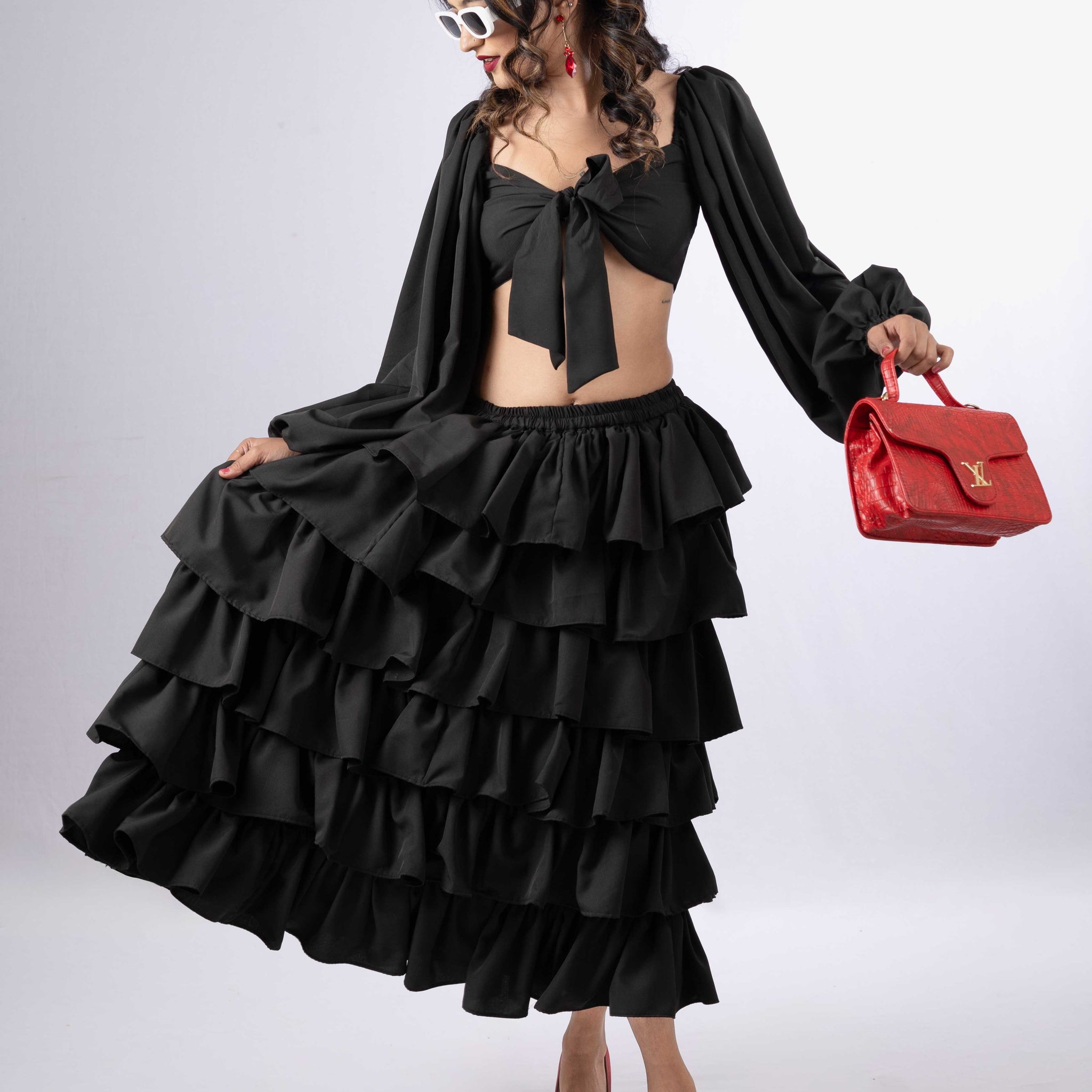 DREAMY RUFFLED TIERED  JET BLACK SKIRT  & JET BLACK  FRONT  TIE KNOT CROP TOP