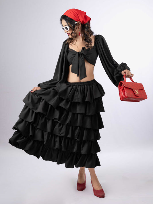 DREAMY RUFFLED TIERED  JET BLACK SKIRT  & JET BLACK  FRONT  TIE KNOT CROP TOP