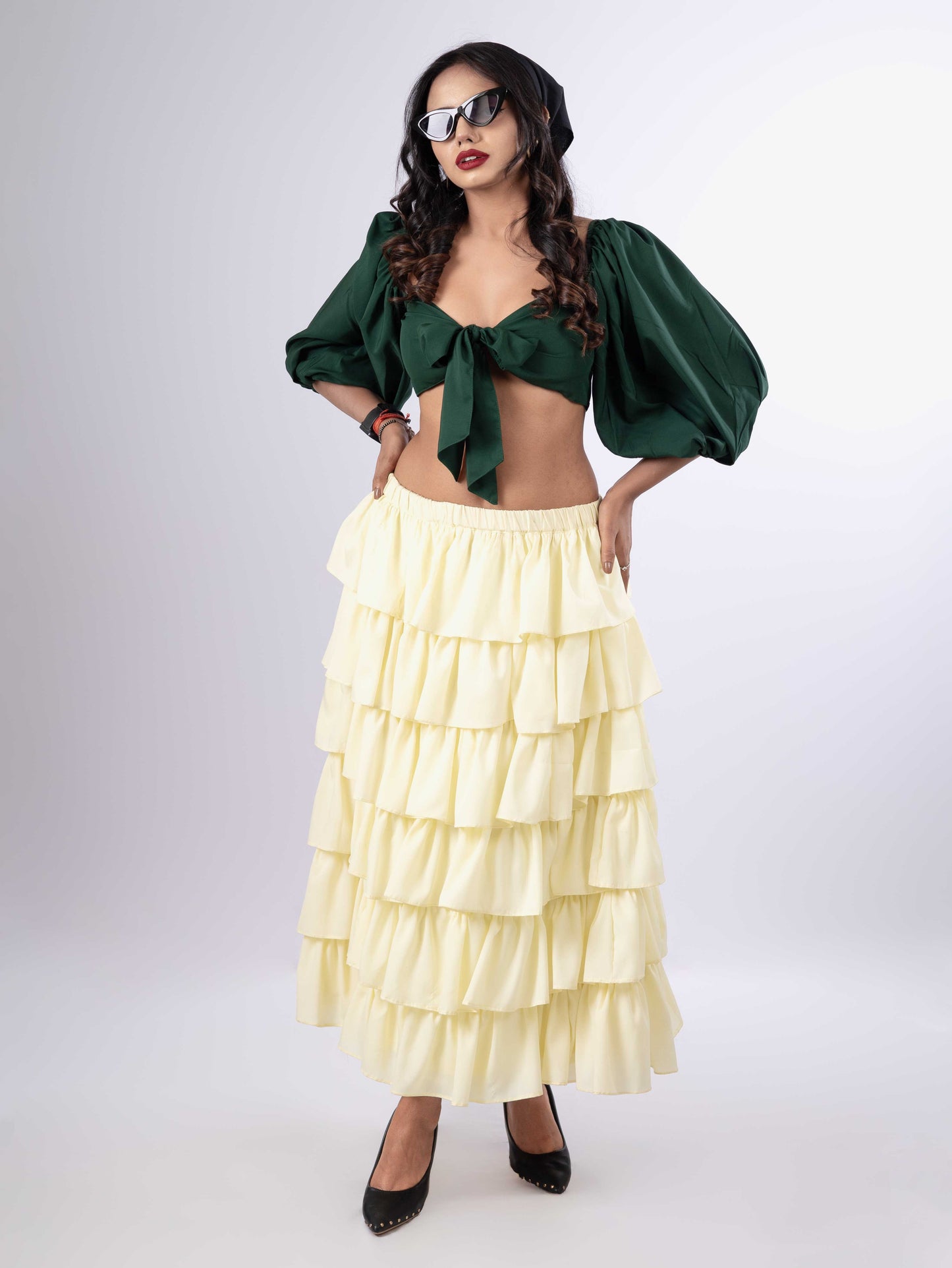 DREAMY RUFFLED TIERED  LEMONY SKIRT & EMERALD  TIE KNOT TOP