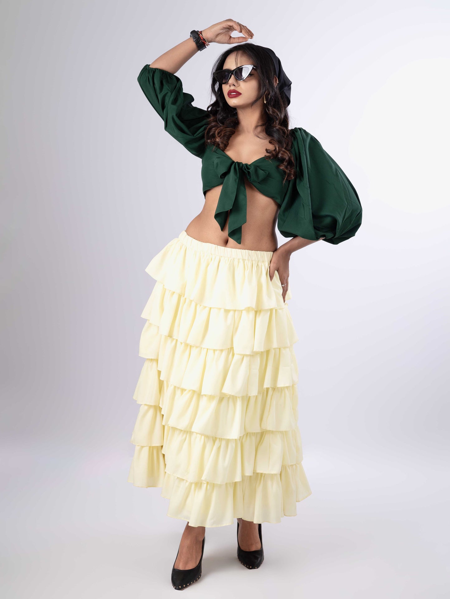 DREAMY RUFFLED TIERED  LEMONY SKIRT & EMERALD  TIE KNOT TOP