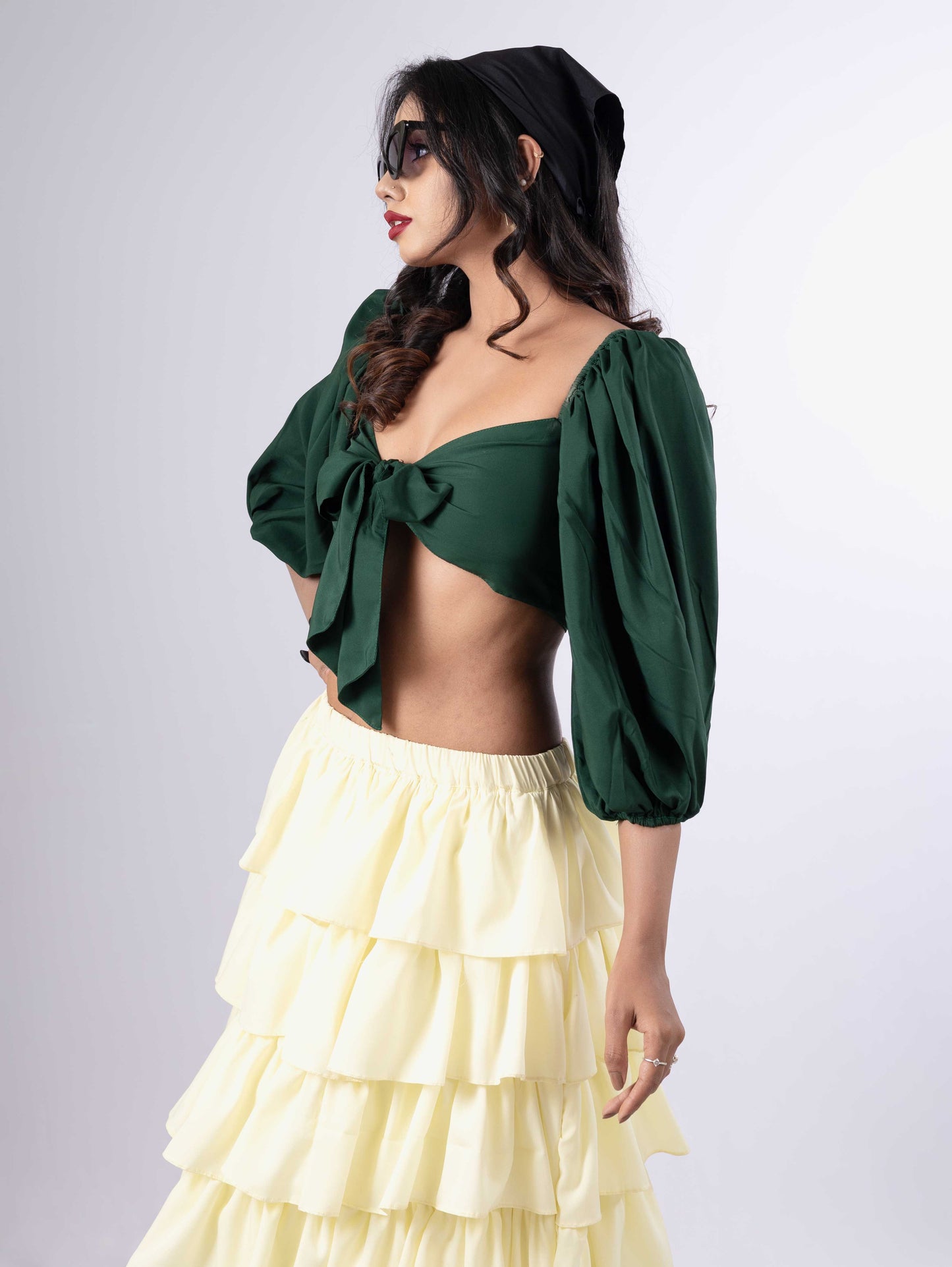 DREAMY RUFFLED TIERED  LEMONY SKIRT & EMERALD  TIE KNOT TOP